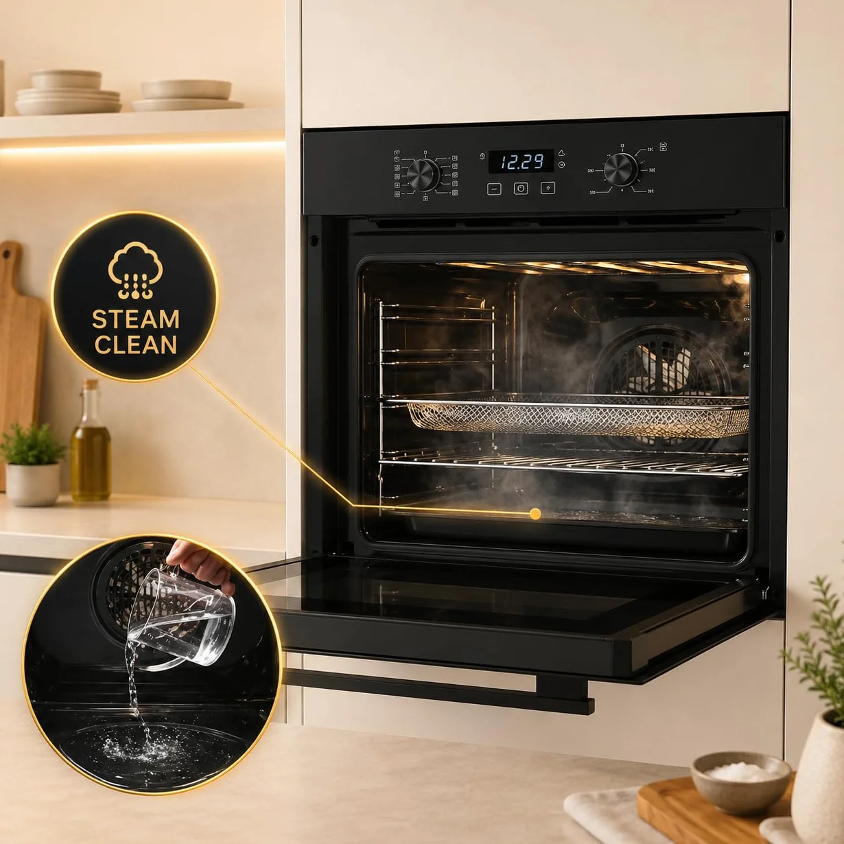 Autarkes Herdset | 60cm Einbaubackofen | 59cm Induktionskochfeld 7200 Watt | Unterbauhaube 60 cm | 2 Flexzonen | Timer | Kindersicherung | Grill | Heißluft | AQUA CLEAN