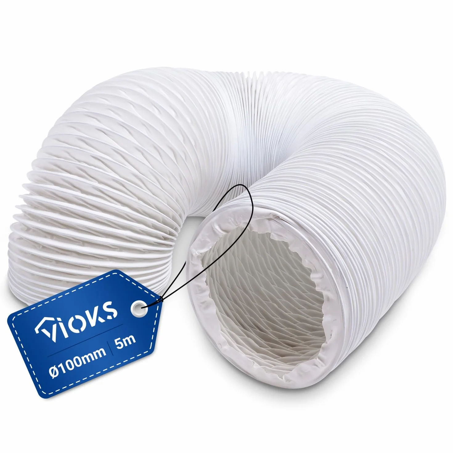 VIOKS Abluftschlauch Klimagerät 5 Meter Lüftungsschlauch 100mm Weiß PVC - Abluftrohr Dunstabzugshaube Klimaanlagen Schlauch Abluftschlauch Trockner - Flexschlauch für 100er Luftführungssysteme