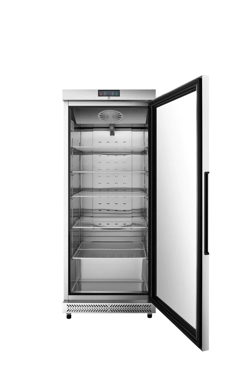 METRO Professional Glastürgefrierschrank GFR6600SG, 380 L, 5 Einlegeböden, LED-Beleuchtung, mit Schloss, 2 Rollen, Silber