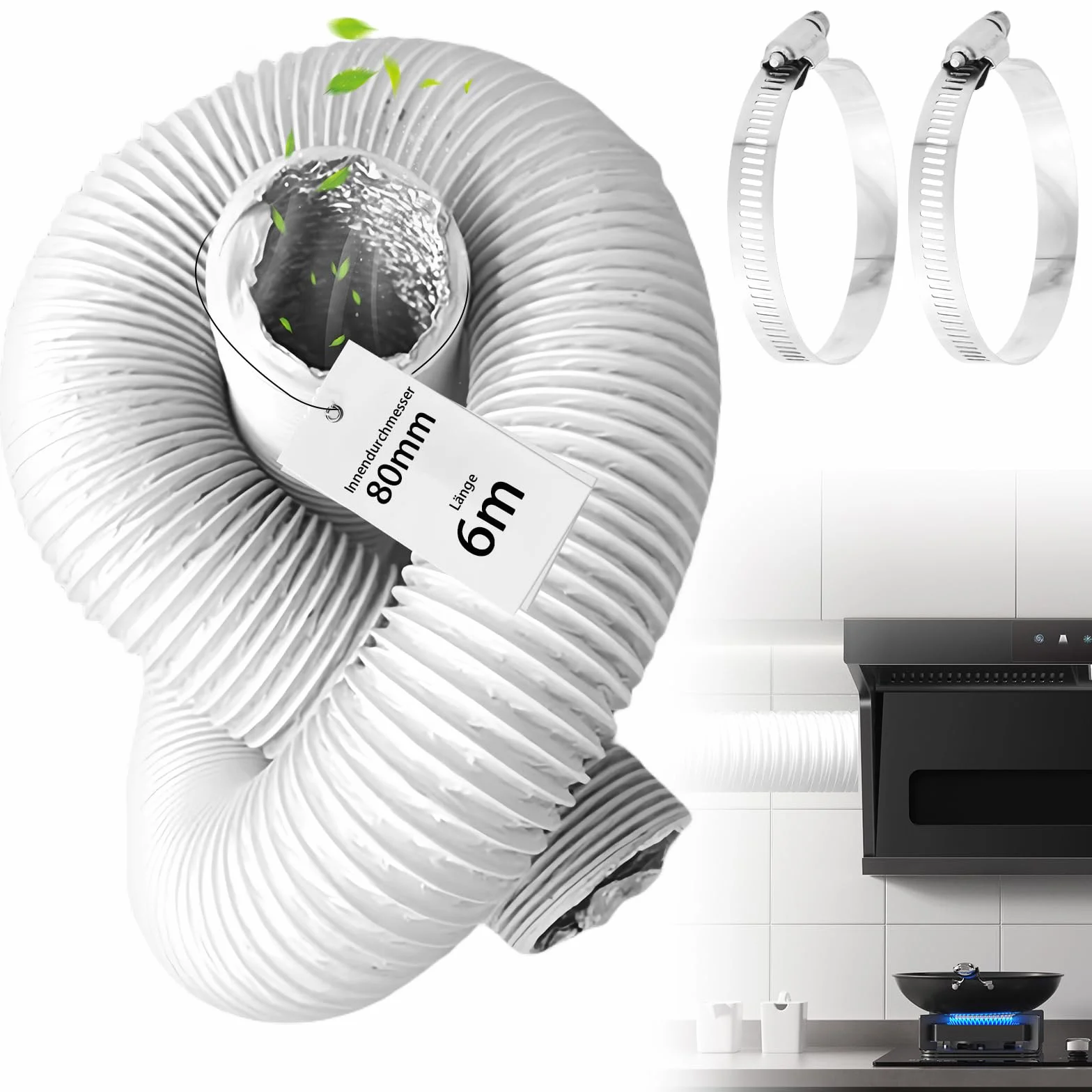 Abluftschlauch Ø80mm Länge 6m Flexibel PVC Alurohr Klimageräte Lüftungsschlauch, Flex Schlauch Alu für Mobile Klimaanlage Wäschetrockner Abzugshaube Trockner