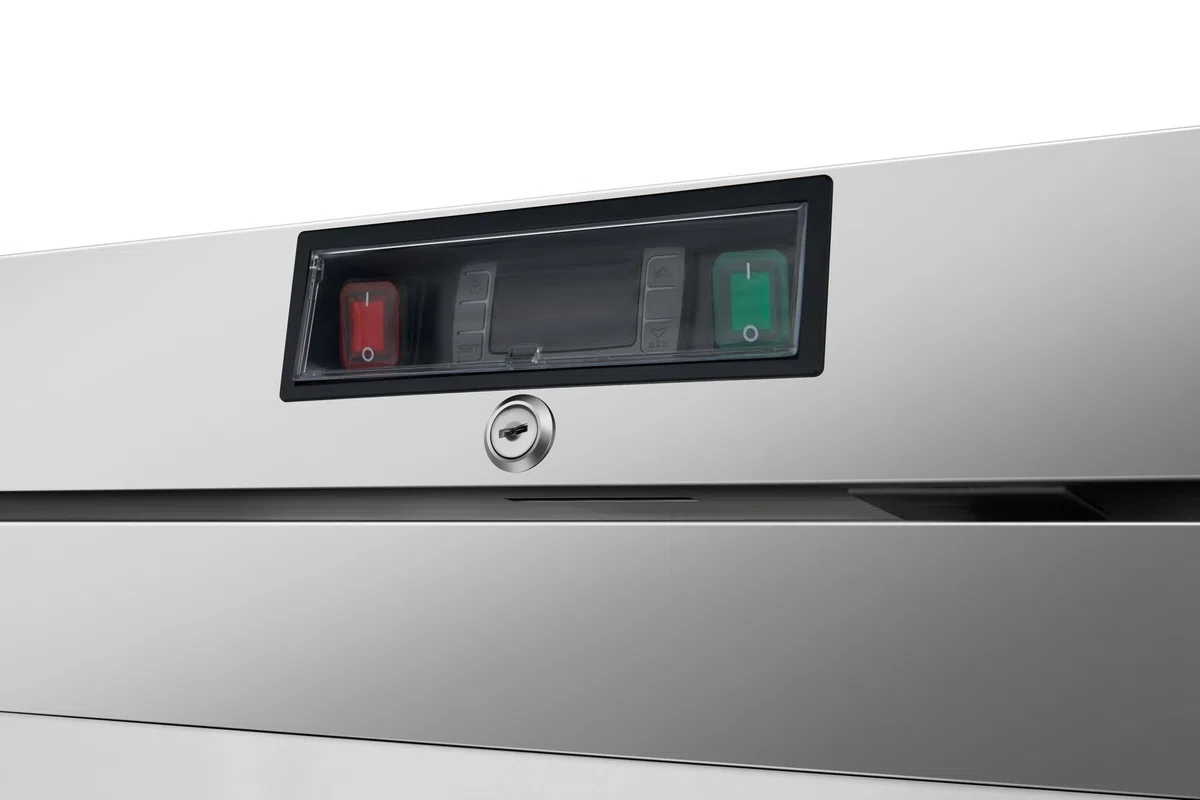 METRO Professional Glastürgefrierschrank GFR6600SG, 380 L, 5 Einlegeböden, LED-Beleuchtung, mit Schloss, 2 Rollen, Silber