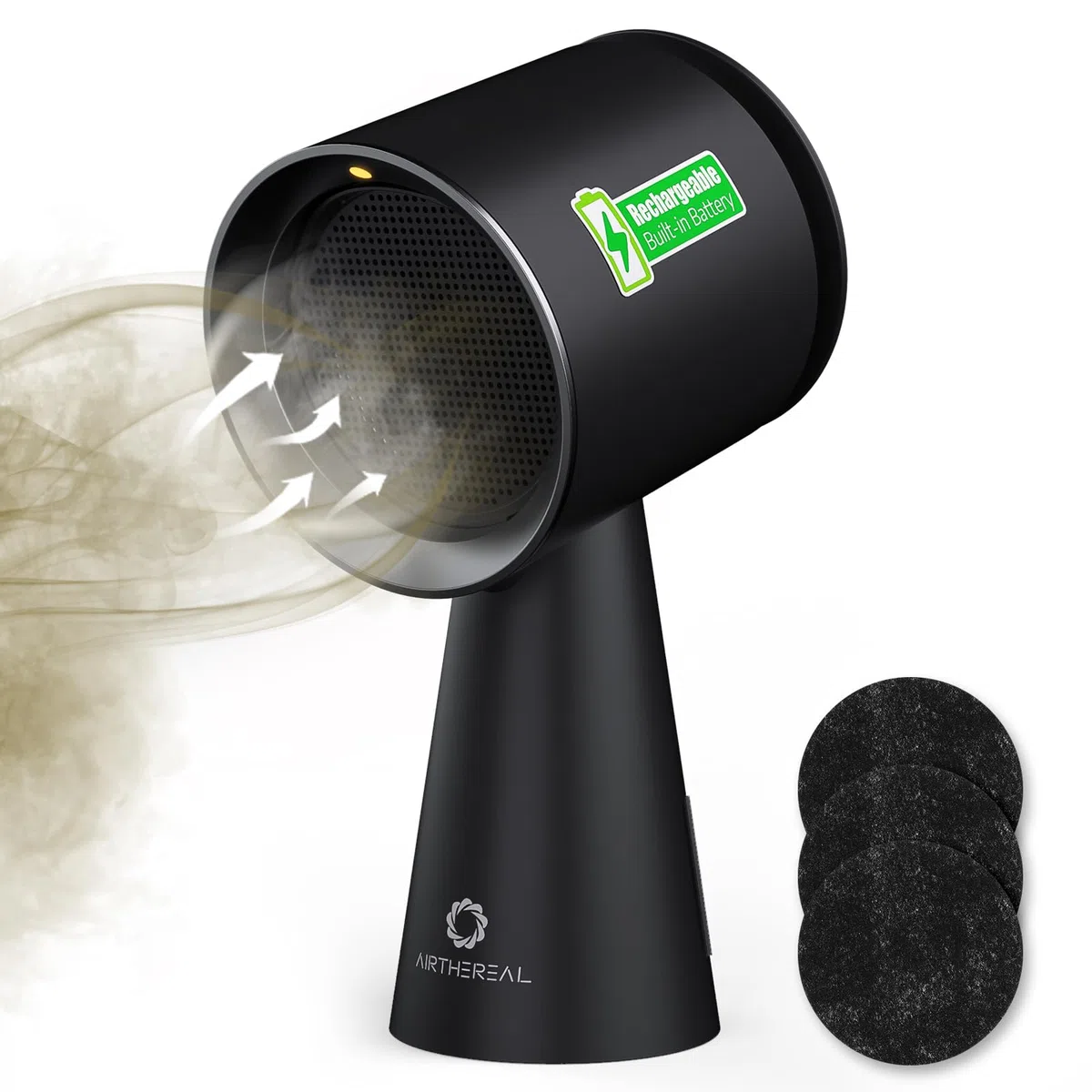 Airthereal Tragbare Dunstabzugshaube Akku, Kabellos Tisch-Dunstabzug mit 4x4000mAh, 180m³/h 3 Stufen Mini Tischlüfter mit Ölauffangbehälter – RH180B Schwarz [Energieklasse A+]