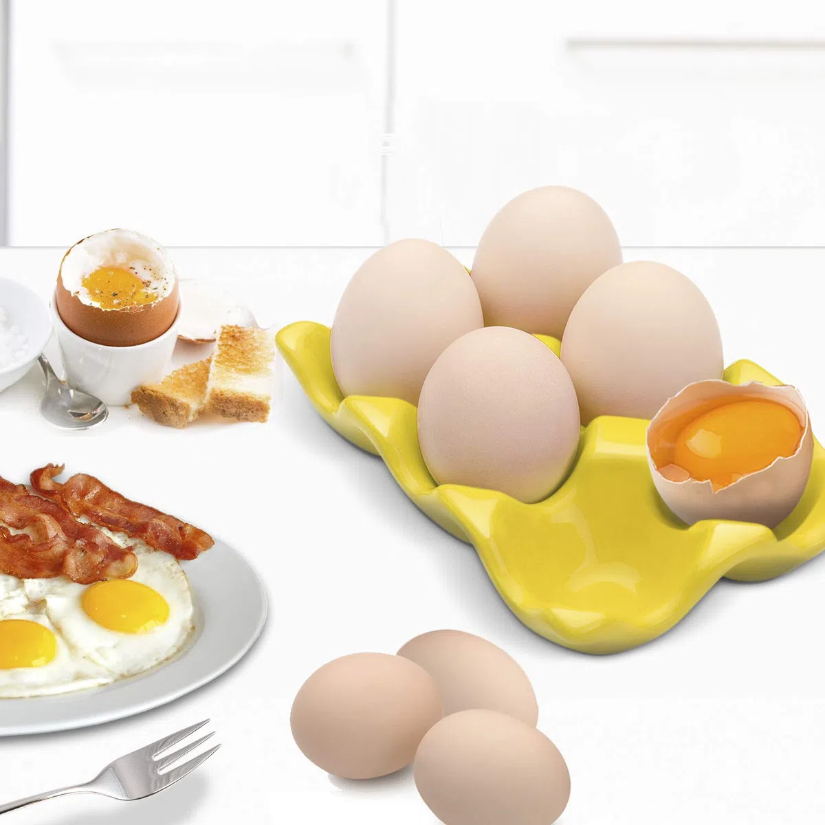 Flexzion 6 Eier Keramik Eierhalter, 6er Porzellan Eierablage Aufbewahrungsbox, Rutschfester Eierteller Eierplatte Eierbehälter Eierträger Eierbox für Zuhause Küche Kühlschrank Restaurant - Gelb