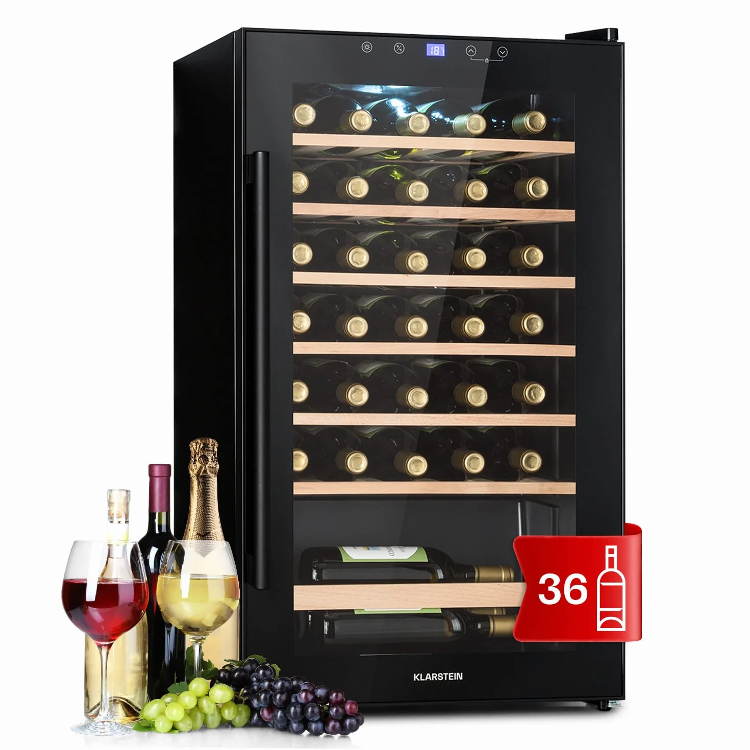 Klarstein Weinkühlschrank, Getränkekühlschrank Schmal, 1 Zone Kühlschrank mit Glastür, Getränkekühlschränke Freistehend, Weinkühlschrank Klein, Weinkühlschränke mit UV-Schutz, 4-18°C, 36 Flaschen