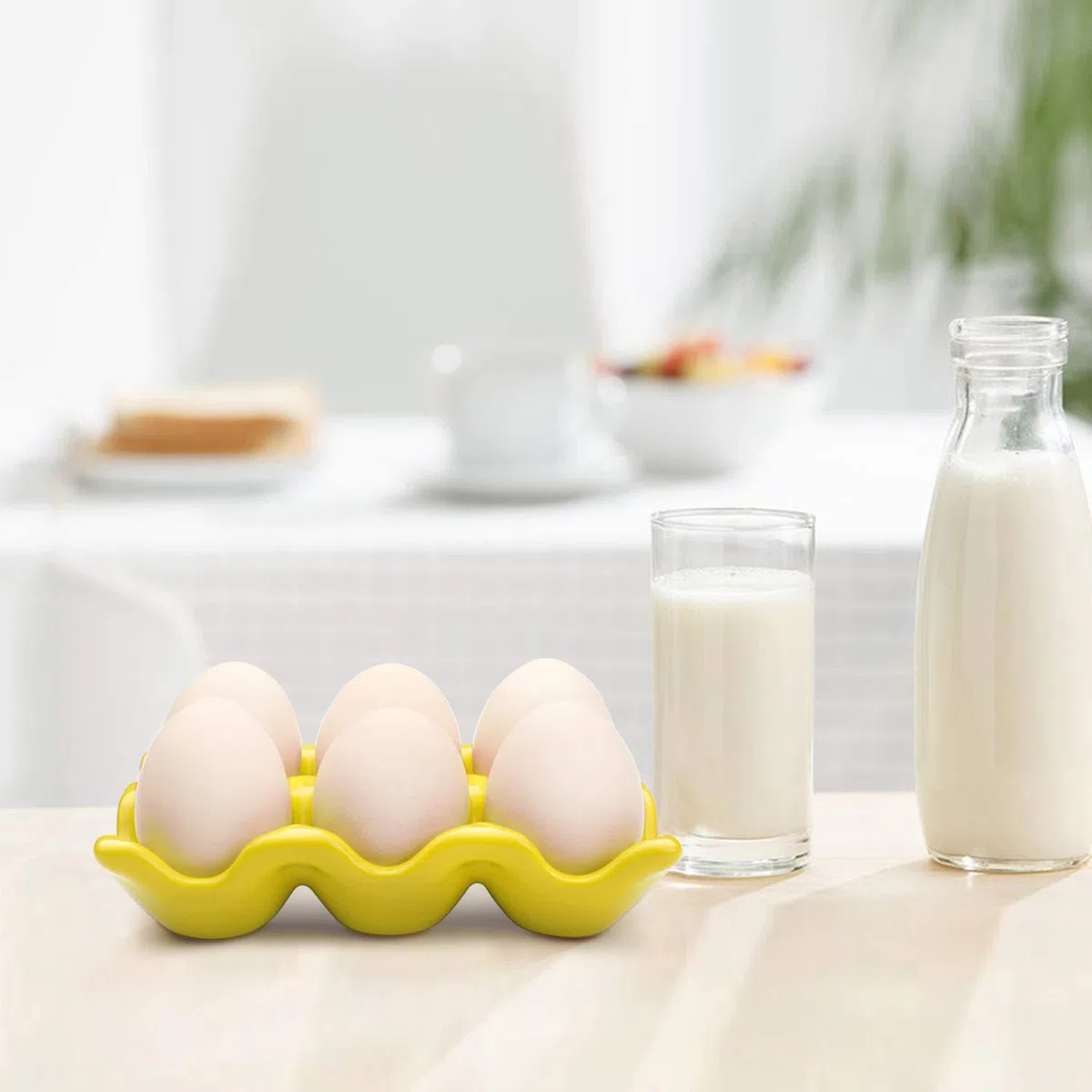 Flexzion 6 Eier Keramik Eierhalter, 6er Porzellan Eierablage Aufbewahrungsbox, Rutschfester Eierteller Eierplatte Eierbehälter Eierträger Eierbox für Zuhause Küche Kühlschrank Restaurant - Gelb