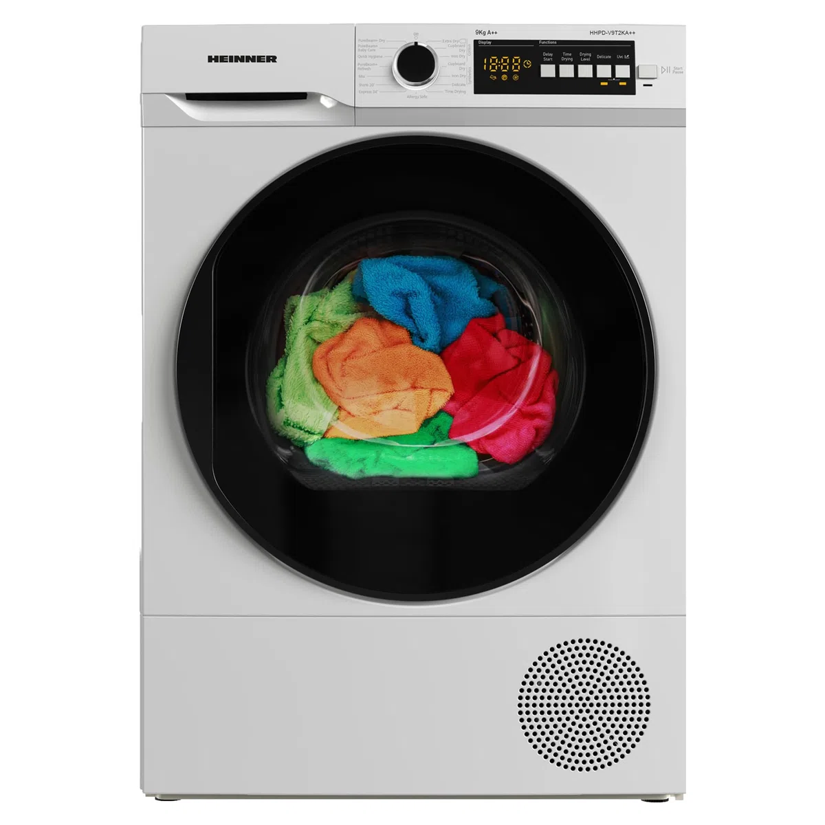 HHPD-V9T2KA++ Wärmepumpentrockner – 9 kg Nutzlast, 15 Programme, Energieklasse E, LED-Anzeige, Wendetür, Kindersicherung, Weiß – 5 Jahre Garantie (9 KG)
