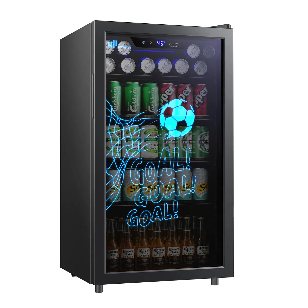 Upstreman 91L Getränkekühlschrank mit Glastür, 126 Dosen | Fußball LED
