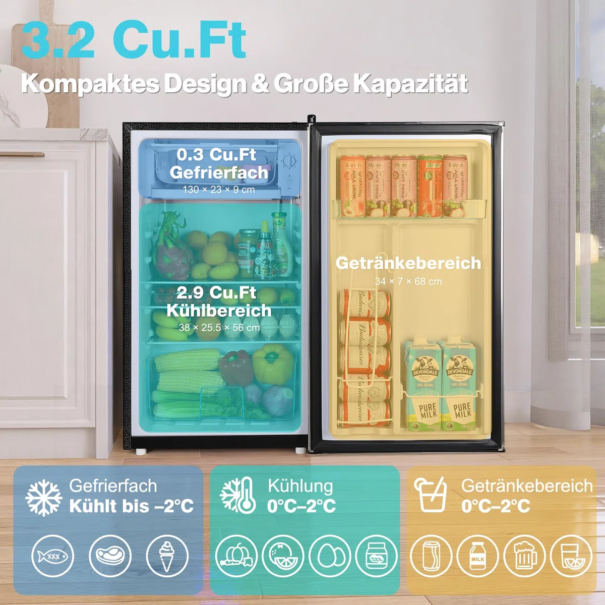 YASHE 92L Kühlschrank mit Gefrierfach, Kleiner Kühlschrank mit Gemüsefach, Mini Kühlschrank, Einbaukühlschrank, 7 Einstellbare Temperaturregelung, Energieeffizien für Büro, Zimmer, Miniküche