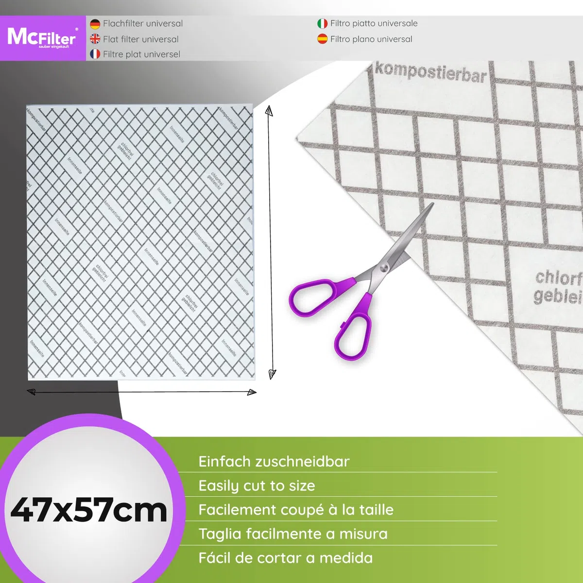 McFilter I 6 Flachfilter kompostierbar mit Sättigungs-Indikator für Dunstabzugshaube, zuschneidbar universal 57 x 47cm, Filter Abzugshaube Dunstabzug