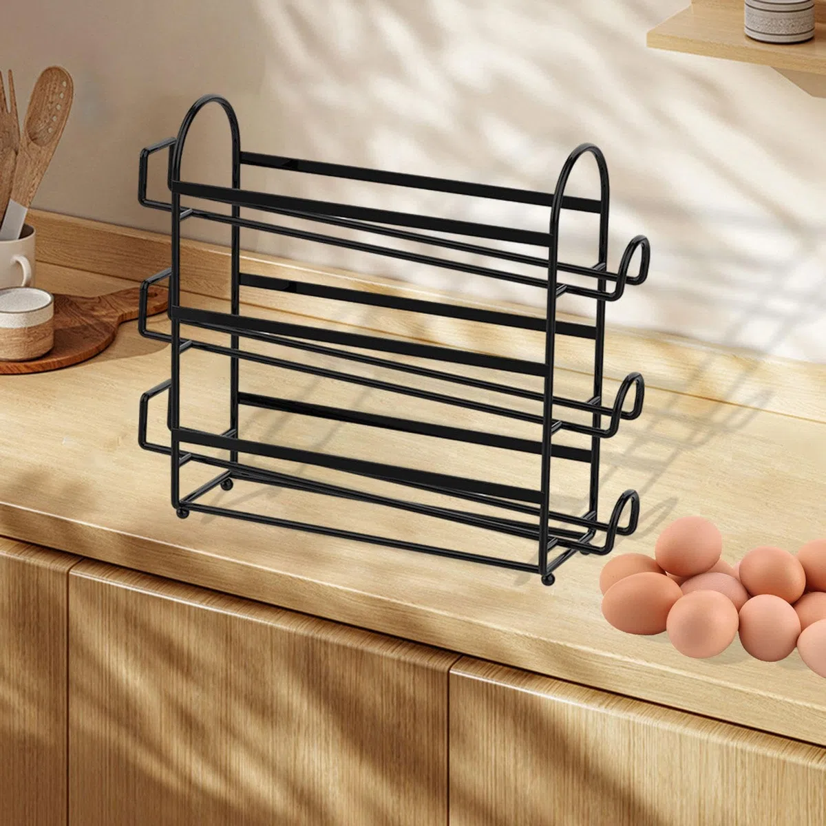 Eierablage aus 3-lagigem Metalldraht, mit Rädern, kreativer Refrirator für Küche, Cabi und Speisekammern, ideal zum Einstecken von Eiern und kleinen Gegenständen, Schwarz