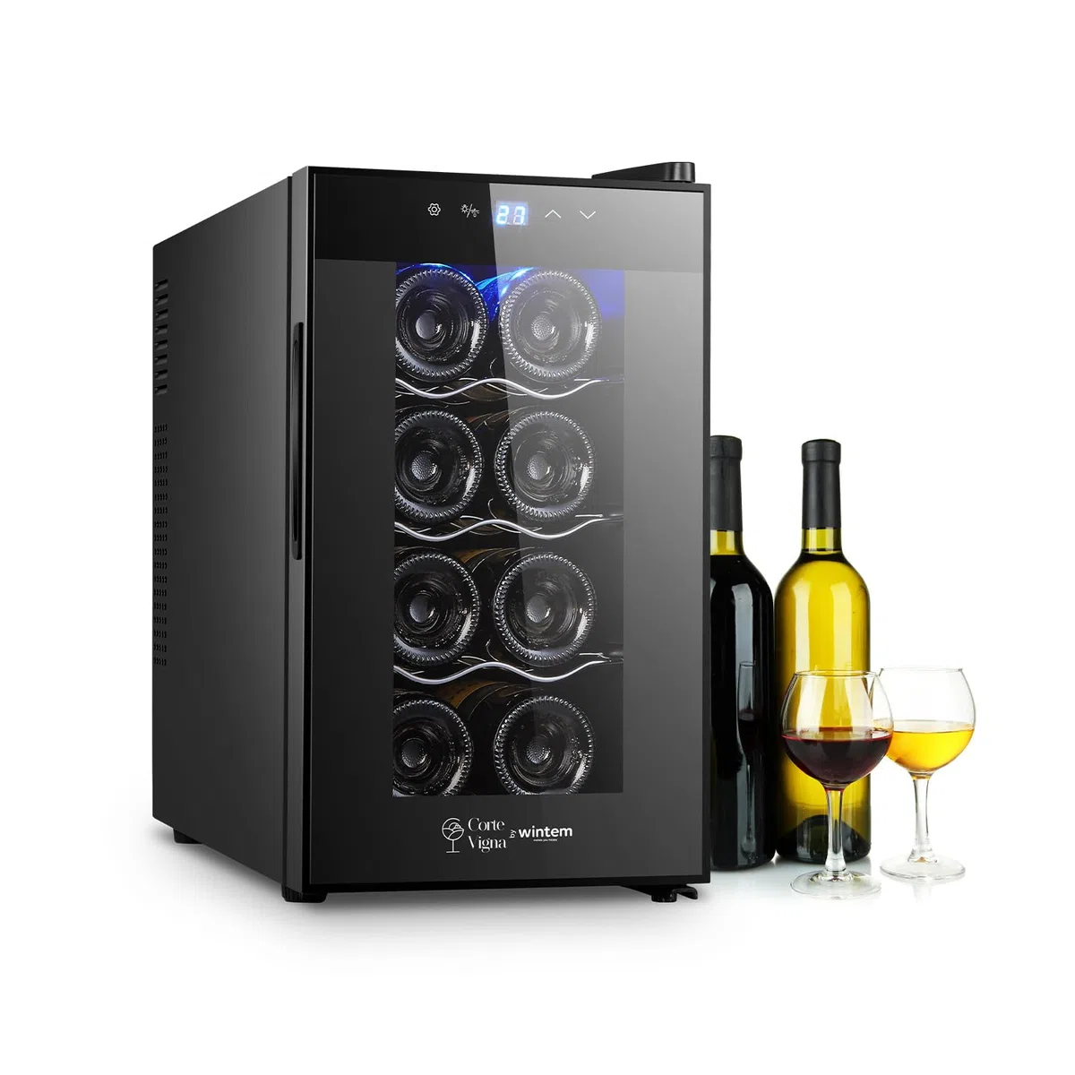 Avilia Leiser Weinkühlschrank für 8 Flaschen 65 W – Mini-Kühlschrank mit LED-Display, einstellbare Temperatur 12 – 18 °C, Auto Defrost – Weinkühlschrank 25 l