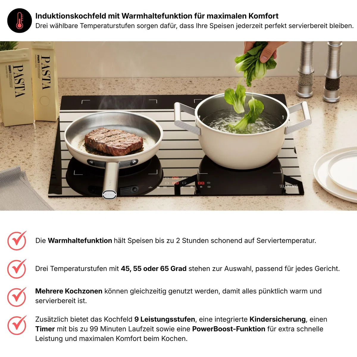 Autarkes Herdset | 60cm Einbaubackofen | 59cm Induktionskochfeld 7200 Watt | Unterbauhaube 60 cm | 2 Flexzonen | Timer | Kindersicherung | Grill | Heißluft | AQUA CLEAN