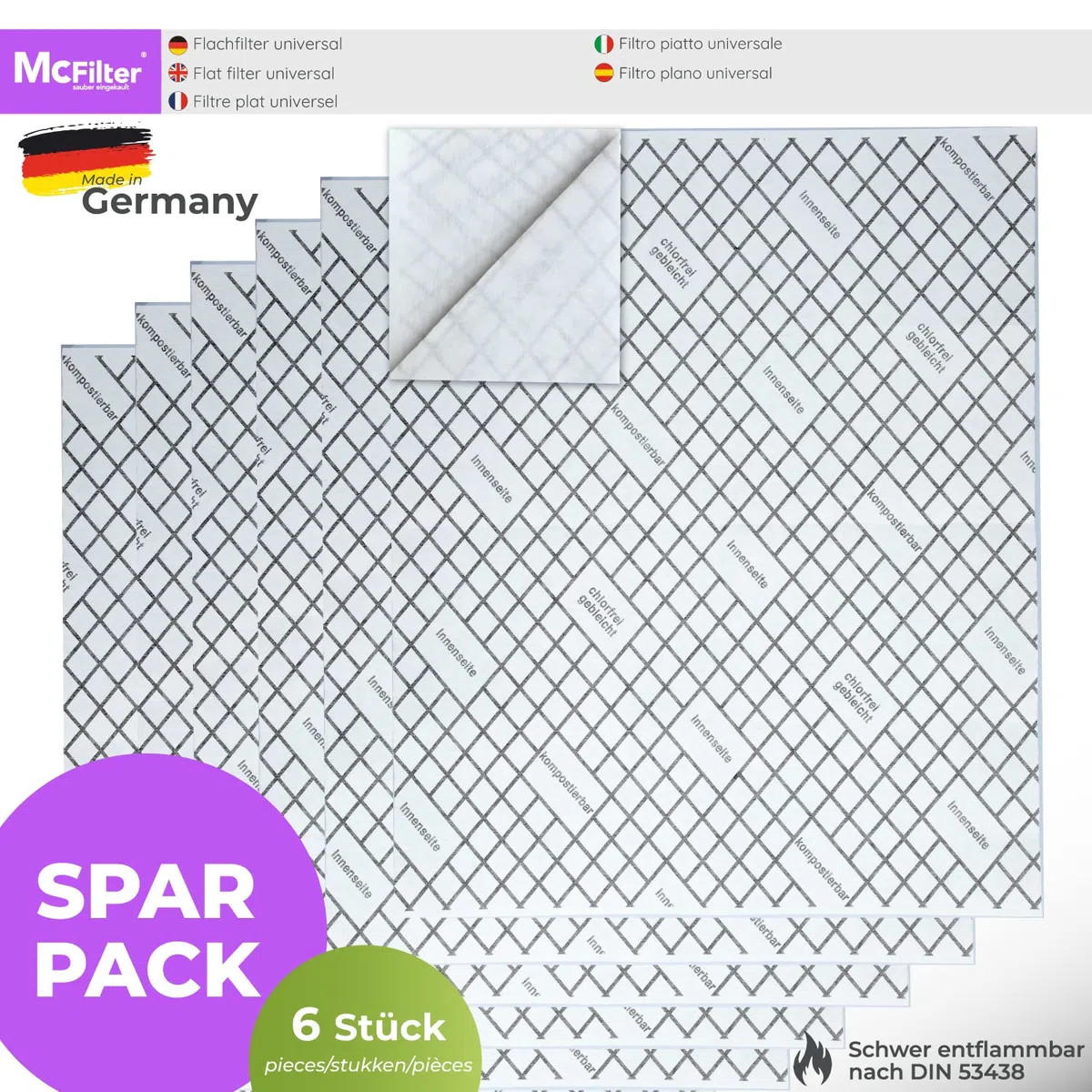 McFilter I 6 Flachfilter kompostierbar mit Sättigungs-Indikator für Dunstabzugshaube, zuschneidbar universal 57 x 47cm, Filter Abzugshaube Dunstabzug