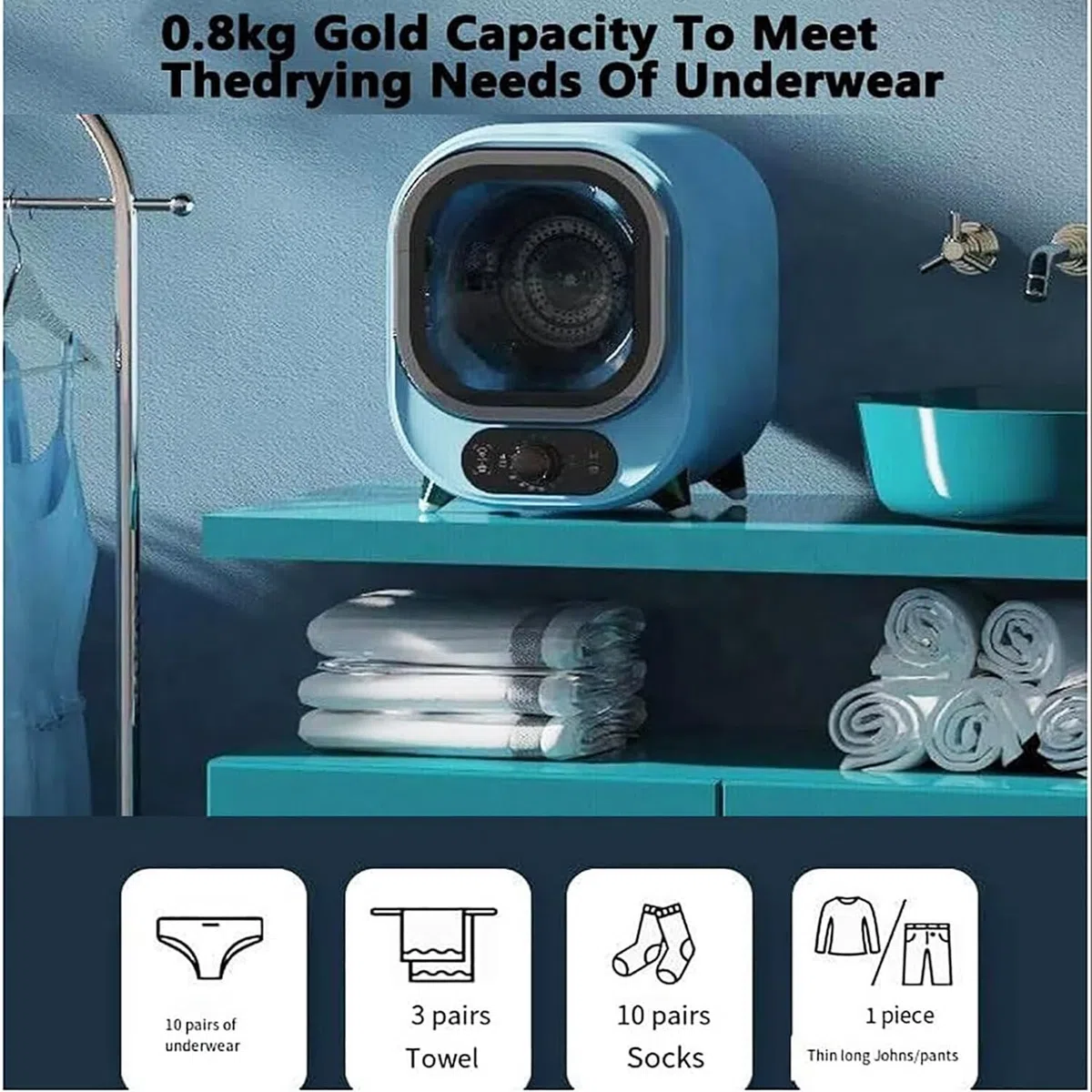 Qiang Mini Trockner Wäschetrockner Klein Dryer Machine 0.8kg/450W 2 Programme,Überhitzungsschutz Schonendes,Präzises Trocknen,Freistehend/Unterbau,Blue