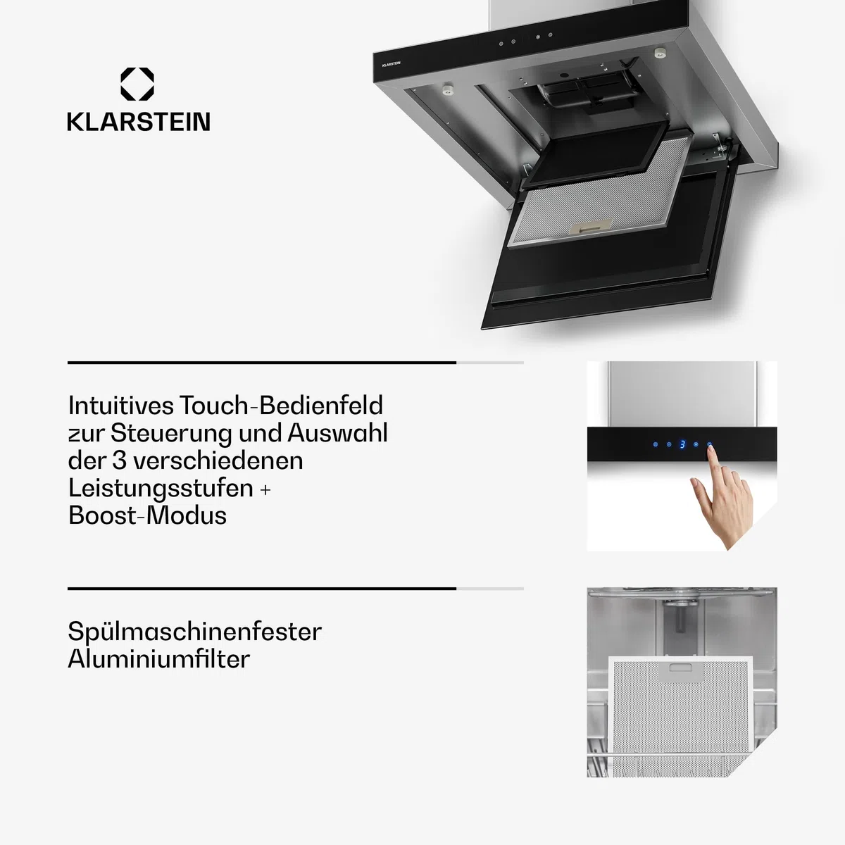 Klarstein Valeria Insel-Dunstabzugshaube – Decken-Dunstabzug 632 m³/h, Touch-Bedienfeld, LED-Beleuchtung, Boost-Modus, Umluft oder Abluft