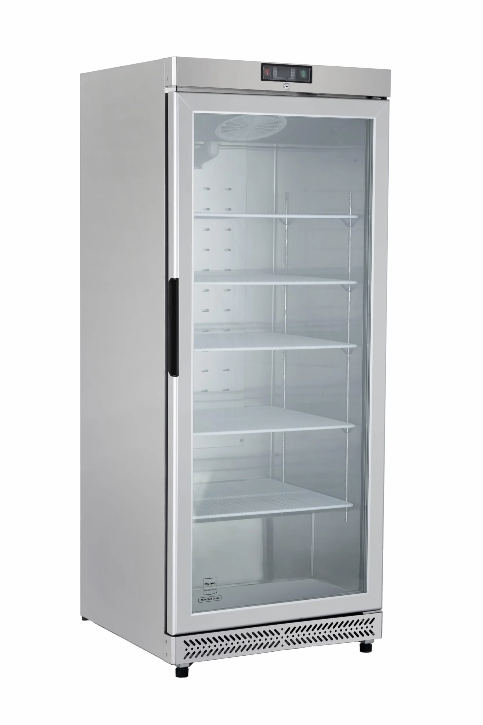 METRO Professional Glastürgefrierschrank GFR6600SG, 380 L, 5 Einlegeböden, LED-Beleuchtung, mit Schloss, 2 Rollen, Silber