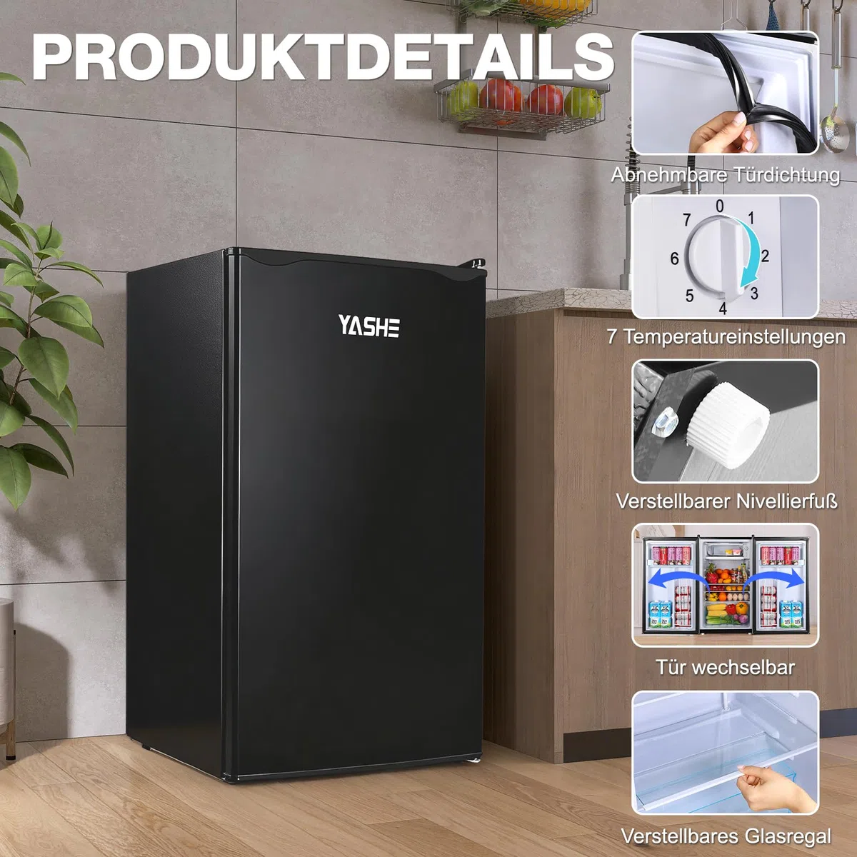 YASHE 92L Kühlschrank mit Gefrierfach, Kleiner Kühlschrank mit Gemüsefach, Mini Kühlschrank, Einbaukühlschrank, 7 Einstellbare Temperaturregelung, Energieeffizien für Büro, Zimmer, Miniküche