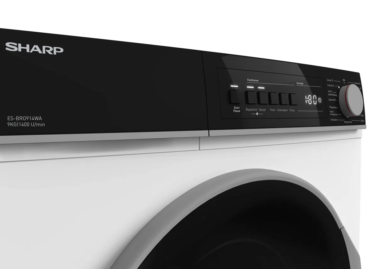 Sharp ES-BRO014WA-DE Waschmaschine Frontlader / 10 kg / 1400 U/min/Adanced Inverter Motor / 15 Programme inkl. 15 min Kurzprogramm und Dampffunktion/AquaStop/Weiß