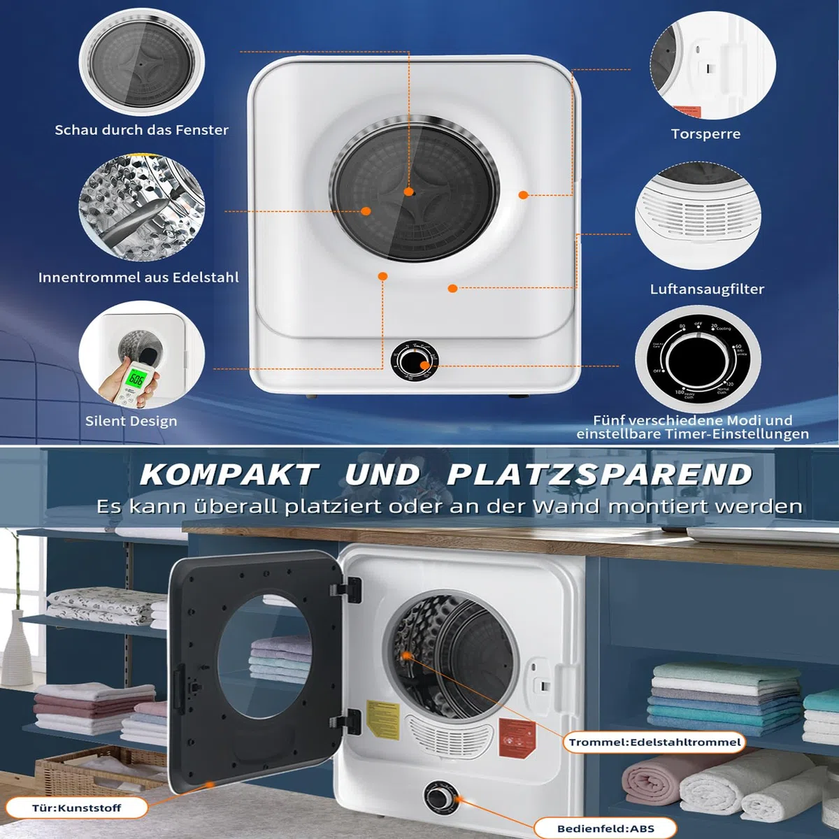 Qiang 830W Abgastrockner,Edelstahltrockner 3kg Tatsächlich bis 4,5kg,Mehrfachfiltration,5 Programme Überhitzungsschutz,Wandmontierbar [Energieklasse C]