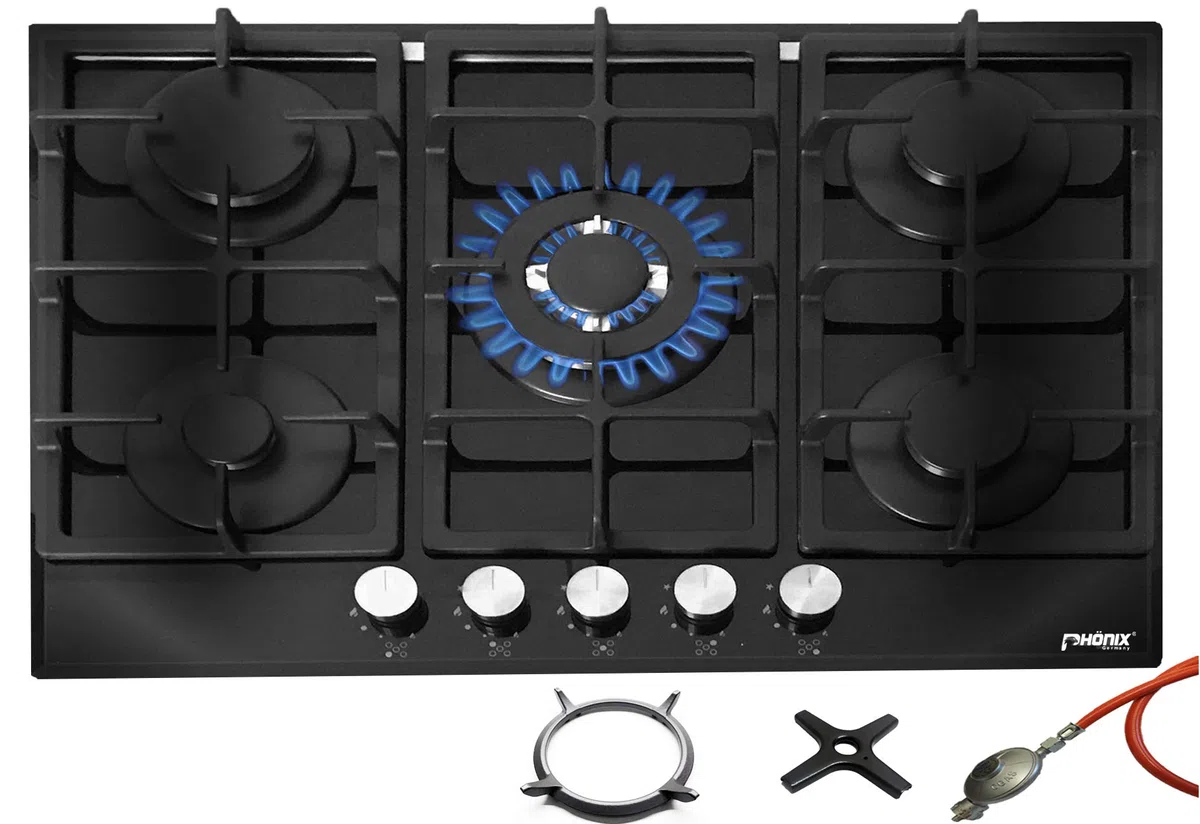 Phönix PG-901T Einbau Gaskochfeld Kochfeld Glas Gaskocher 5 Kochplatten autark (freistehend- / Einbau- Gaskochfeld) inkl. Gasschlauch-Regler Set für Propangasflaschen