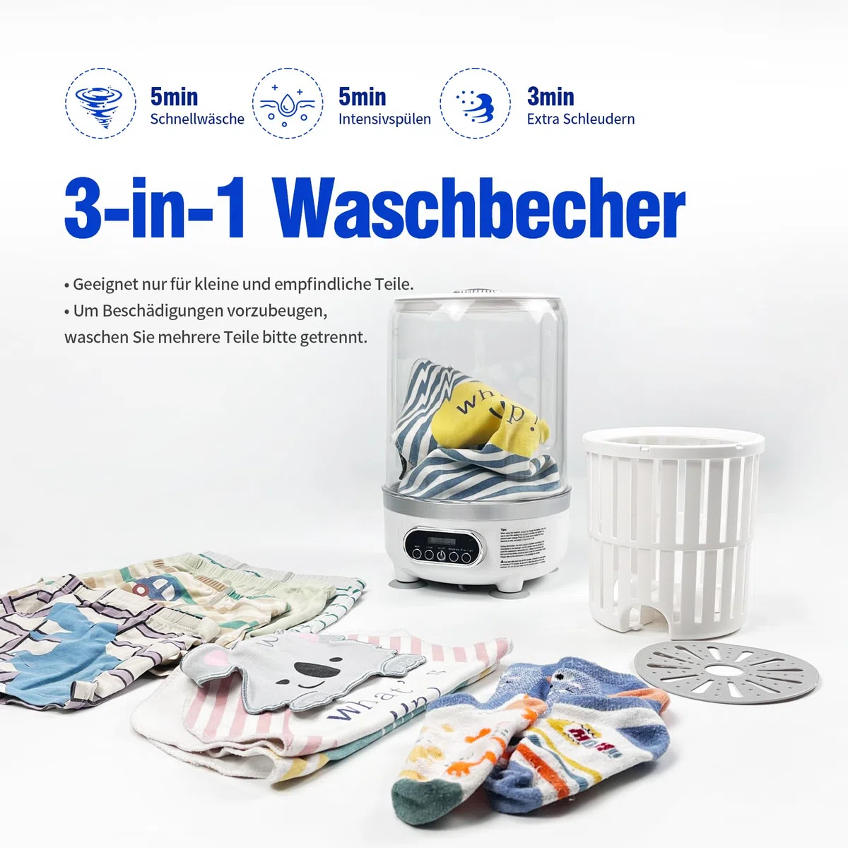 Waschmaschine und Trockner für Unterwäsche | 3L wiederaufladbare tragbare Mini-Waschmaschine mit blauem Licht | Tiefenreinigung für Socken und kleine Kleidungsstücke (HP909-Weiß-3L)