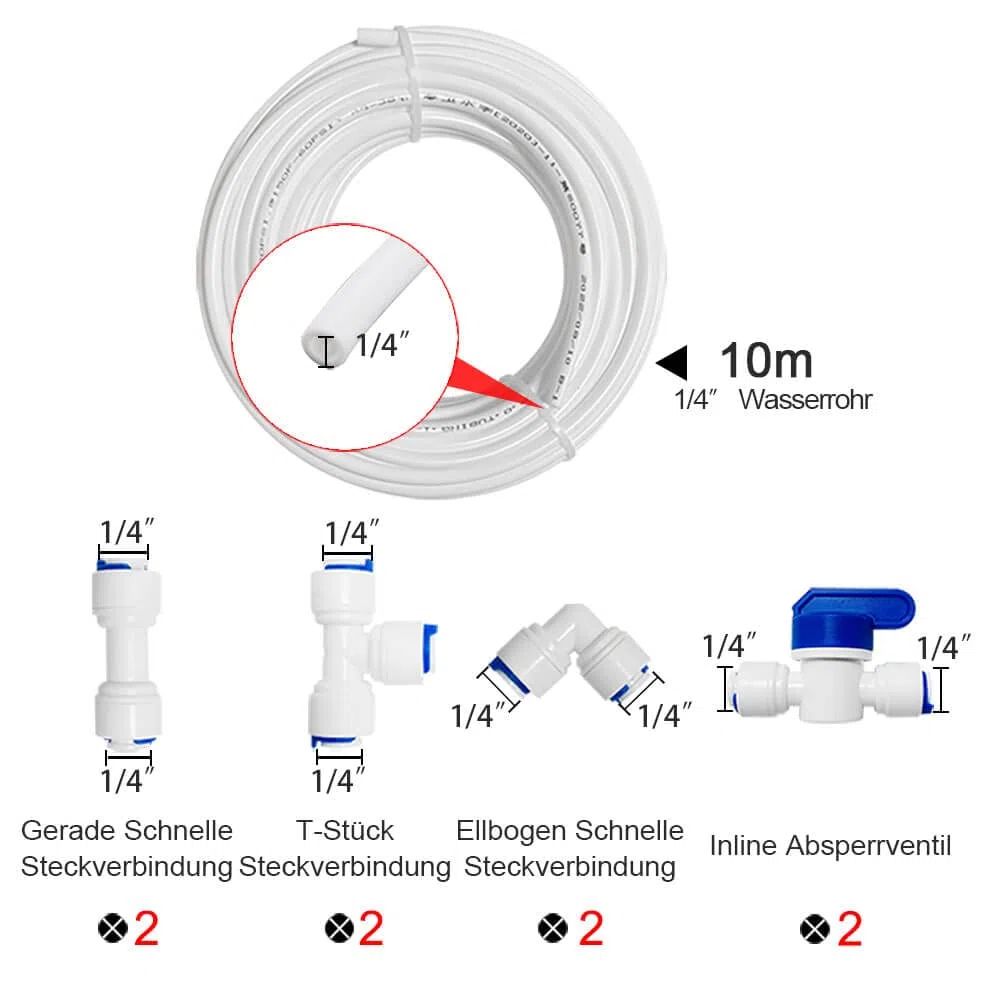 10 Meter Universal Anschluss-Set,Umkehrosmose (RO) -Filtersystem passend zu,für 1/4 Zoll Schlauch, Kühlschrankschlauch,Wasserschlauch (T + I + L Form Schnellsteckverbinder, + Absperrventil)