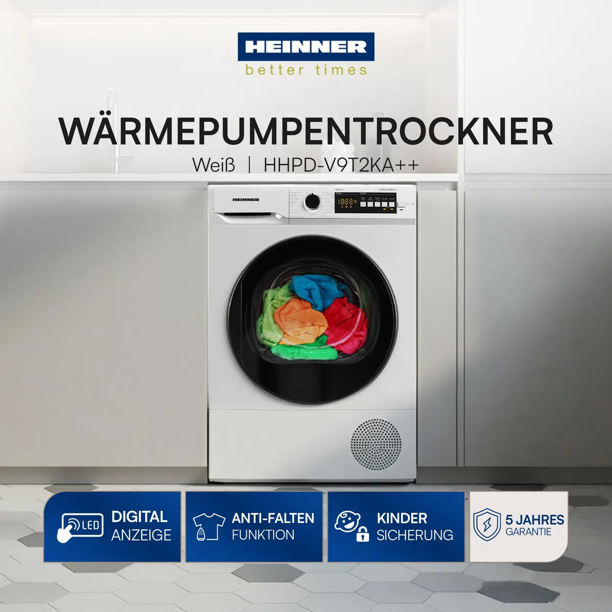 HHPD-V9T2KA++ Wärmepumpentrockner – 9 kg Nutzlast, 15 Programme, Energieklasse E, LED-Anzeige, Wendetür, Kindersicherung, Weiß – 5 Jahre Garantie (9 KG)