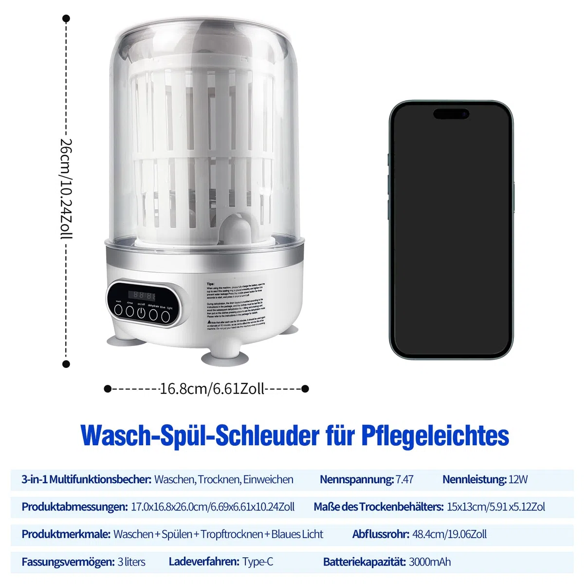 Waschmaschine und Trockner für Unterwäsche | 3L wiederaufladbare tragbare Mini-Waschmaschine mit blauem Licht | Tiefenreinigung für Socken und kleine Kleidungsstücke (HP909-Weiß-3L)