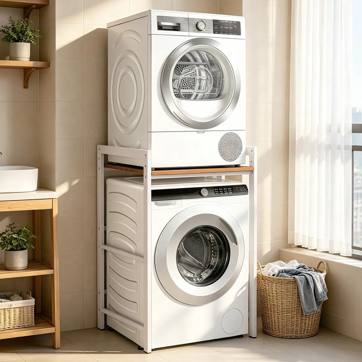 Waschmaschinenregal 3 Höhenverstellbar Waschmaschine Trockner Schrank, Regal über Waschmaschinen bis 350 kg, Waschmaschinenschrank mit Trockner Schrank für Badezimmer Waschküche 75x65x105cm (Weiß 1)