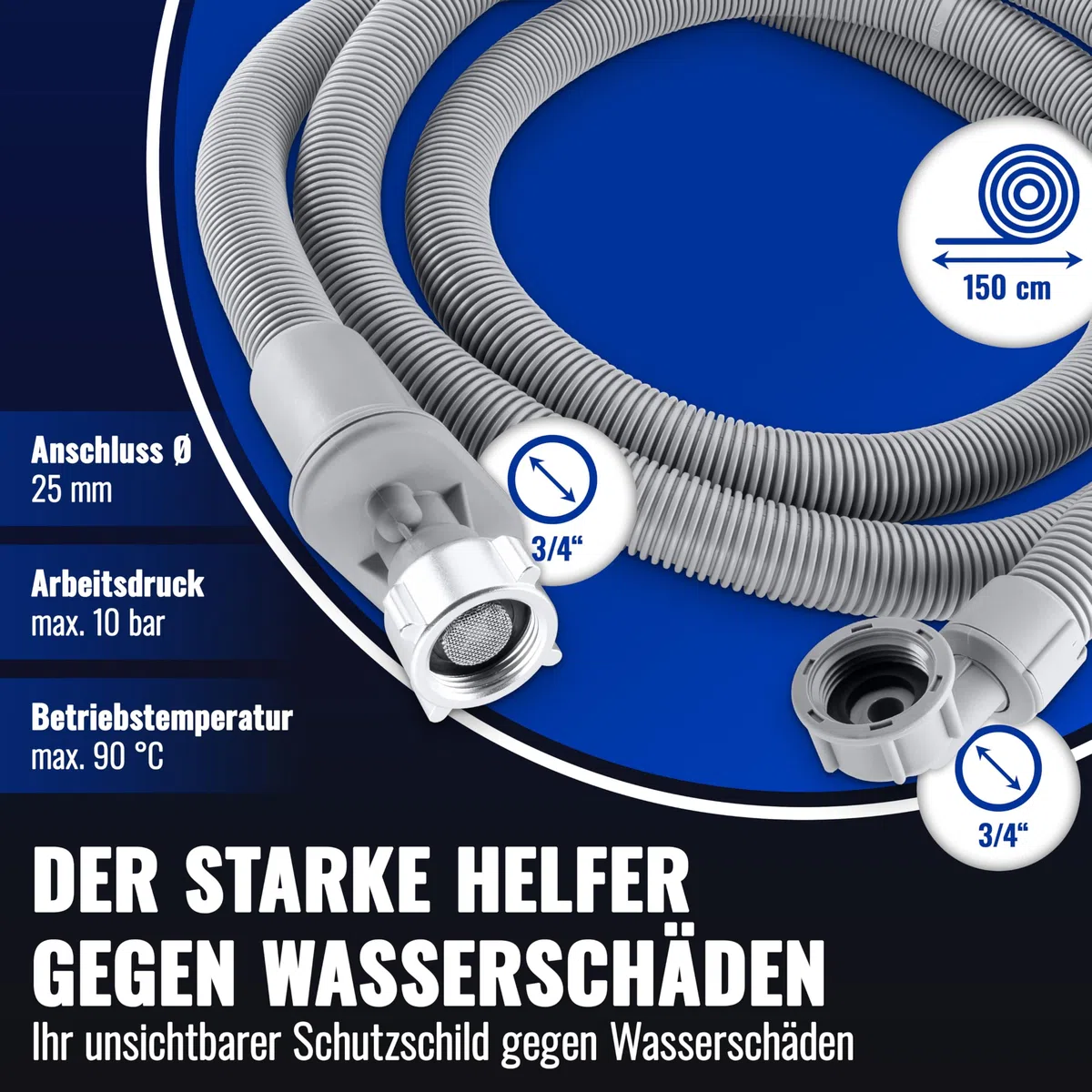 Poppstar 1,5m Waschmaschinenschlauch (Aquastop Schlauch für Waschmaschine, Spülmaschine), 3/4 Zoll Anschluss