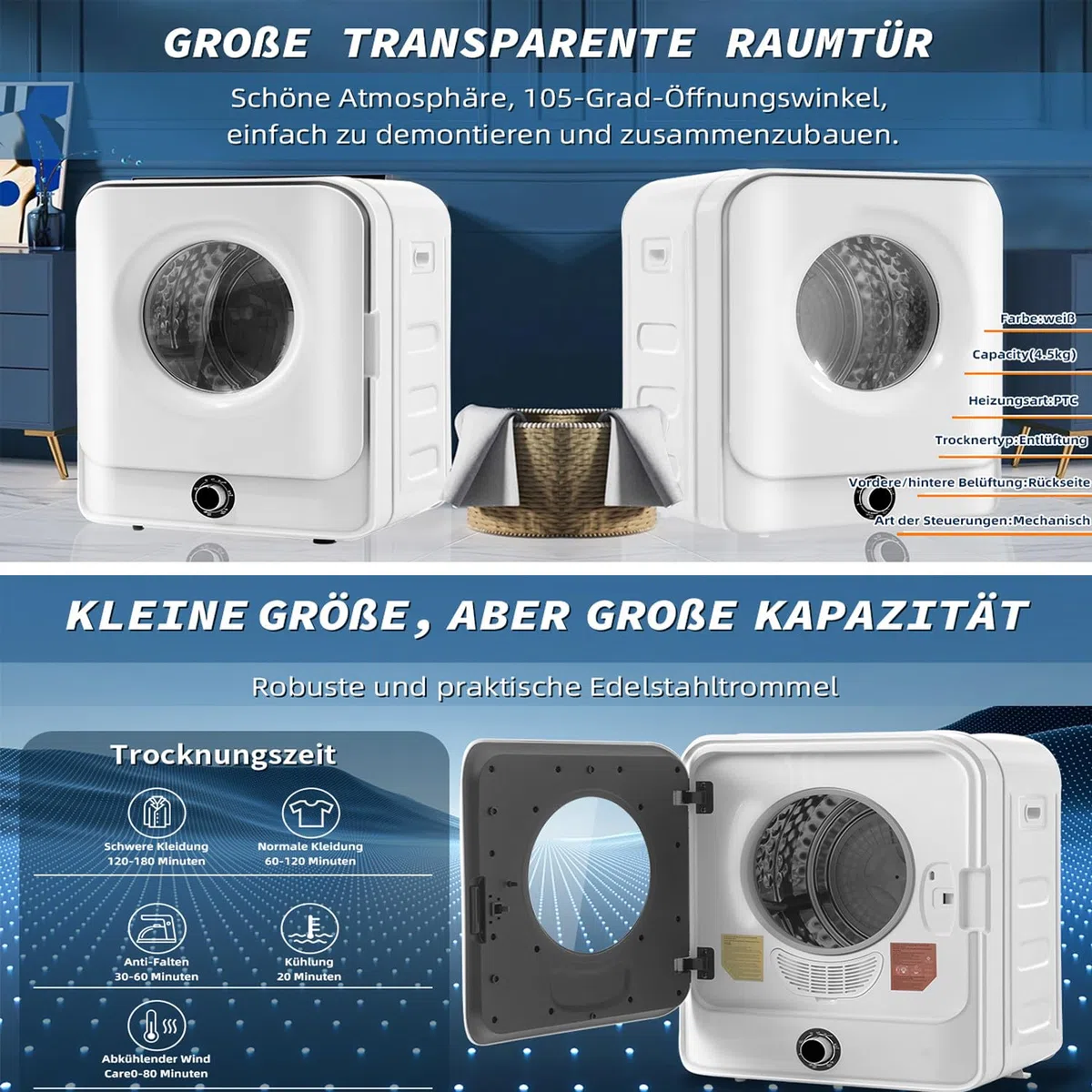 Qiang 830W Abgastrockner,Edelstahltrockner 3kg Tatsächlich bis 4,5kg,Mehrfachfiltration,5 Programme Überhitzungsschutz,Wandmontierbar [Energieklasse C]