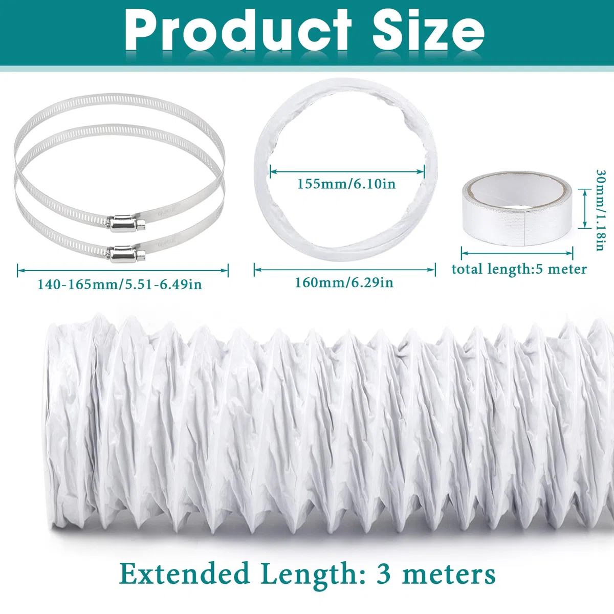 Abluftschlauch Ø150mm Alu Flexrohr Länge 3M PVC Alurohr Lüftungsschlauch Schlauch mit 2 Schlauchschelle Edelstahl für Klimaanlagen, Rohrventilator, Wäschetrockner (150mm)