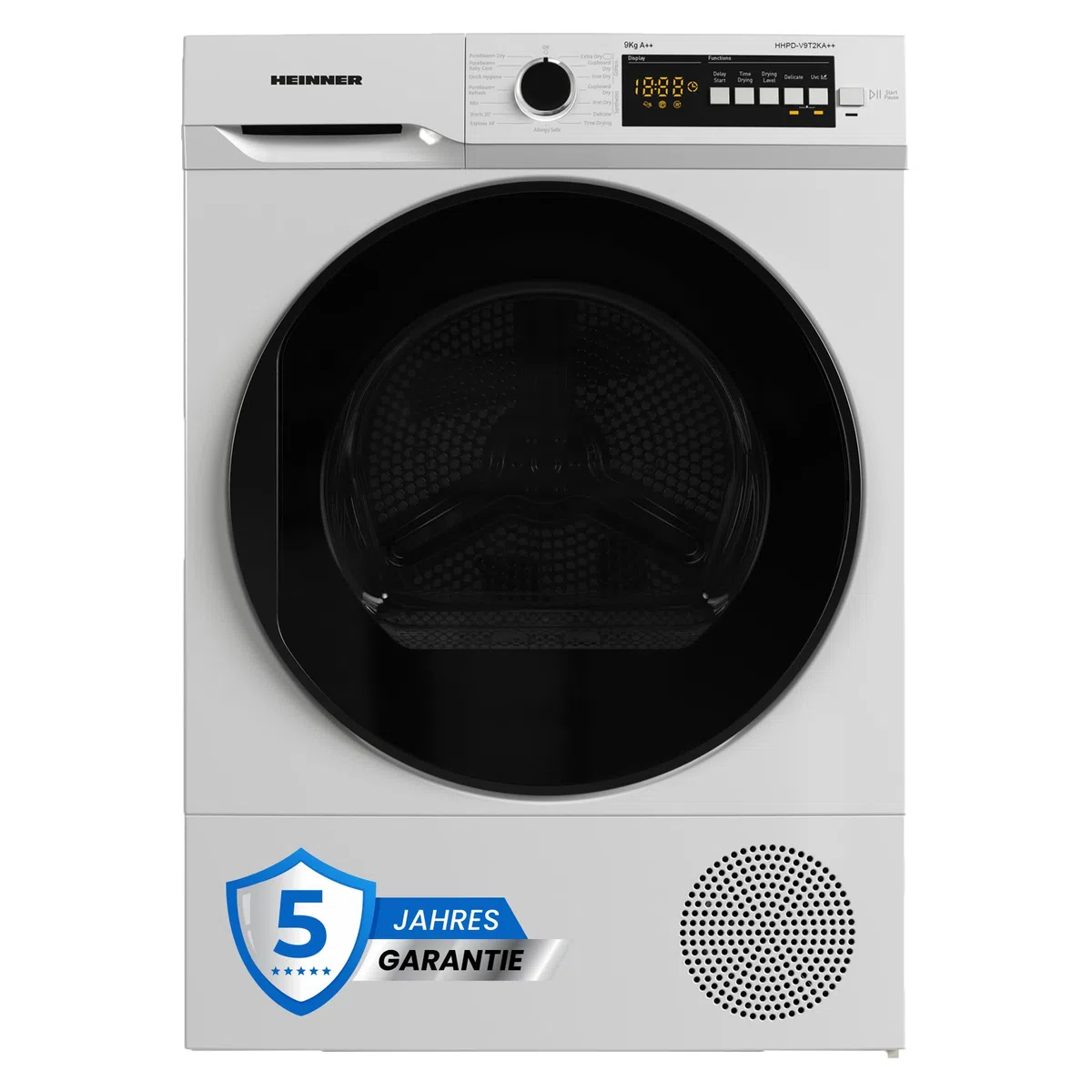 HHPD-V9T2KA++ Wärmepumpentrockner – 9 kg Nutzlast, 15 Programme, Energieklasse E, LED-Anzeige, Wendetür, Kindersicherung, Weiß – 5 Jahre Garantie (9 KG)