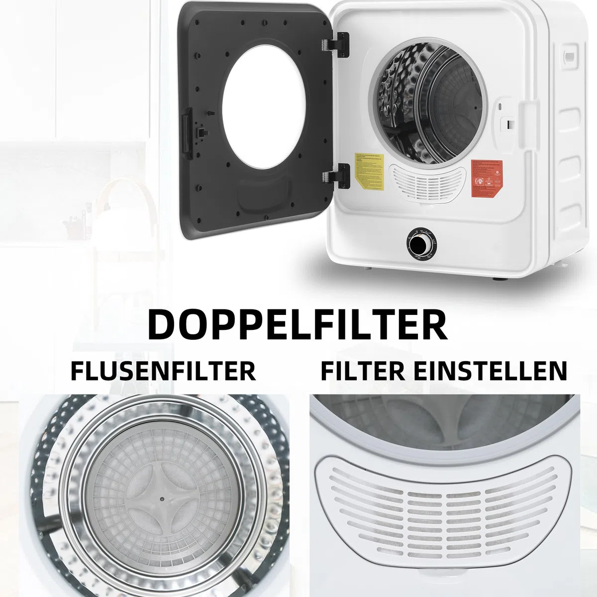 Qiang 830W Abgastrockner,Edelstahltrockner 3kg Tatsächlich bis 4,5kg,Mehrfachfiltration,5 Programme Überhitzungsschutz,Wandmontierbar [Energieklasse C]