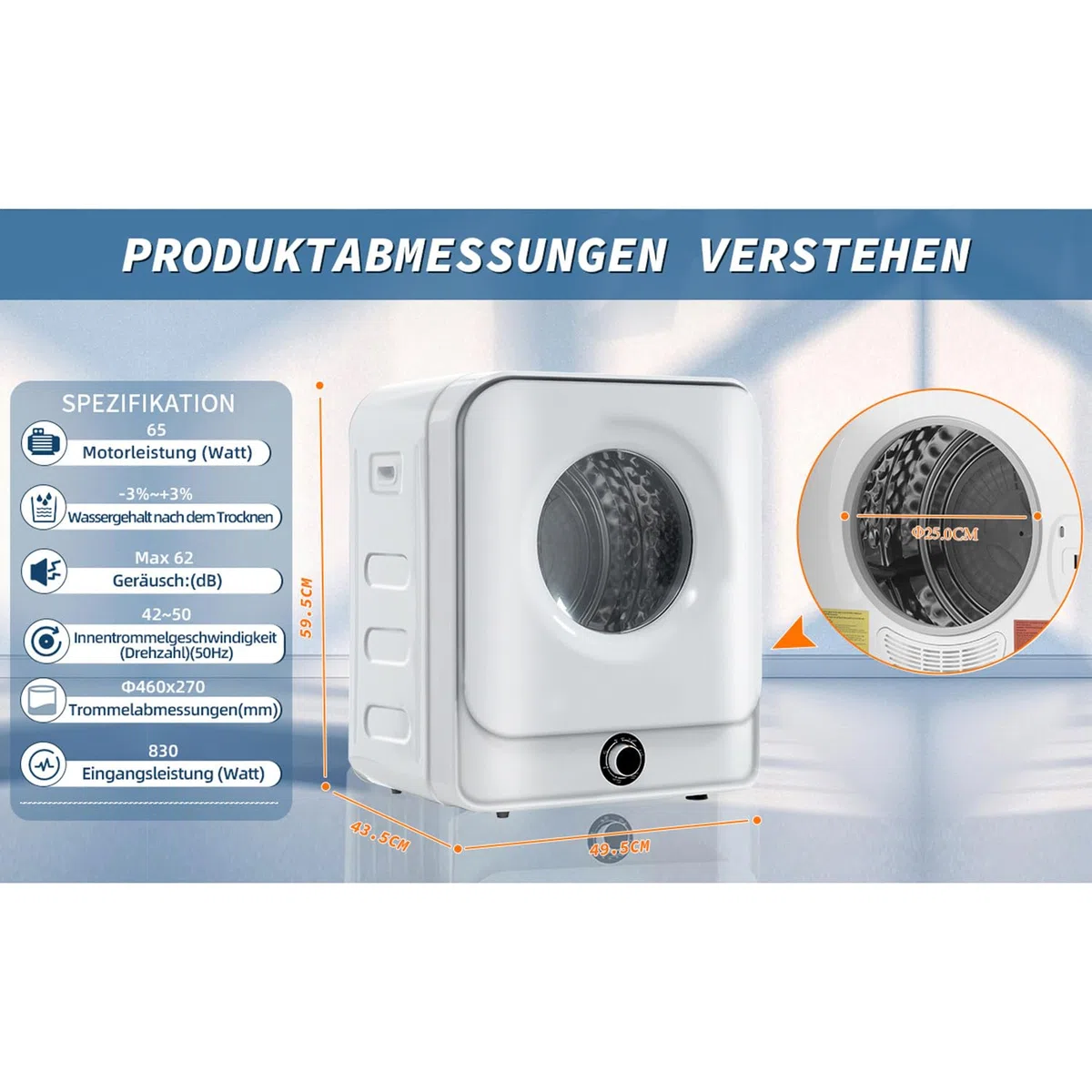 Qiang 830W Abgastrockner,Edelstahltrockner 3kg Tatsächlich bis 4,5kg,Mehrfachfiltration,5 Programme Überhitzungsschutz,Wandmontierbar [Energieklasse C]