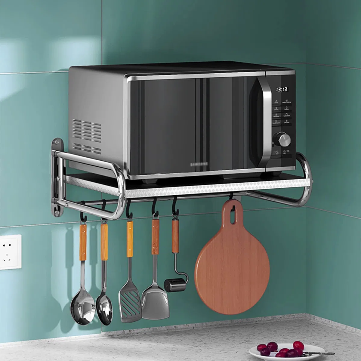 Wandmontiertes Mikrowellenregal aus Edelstahl 304, robust, mit Ablagefach und Haken, 60 cm, universelle Wandmontage für platzsparende Lösungen