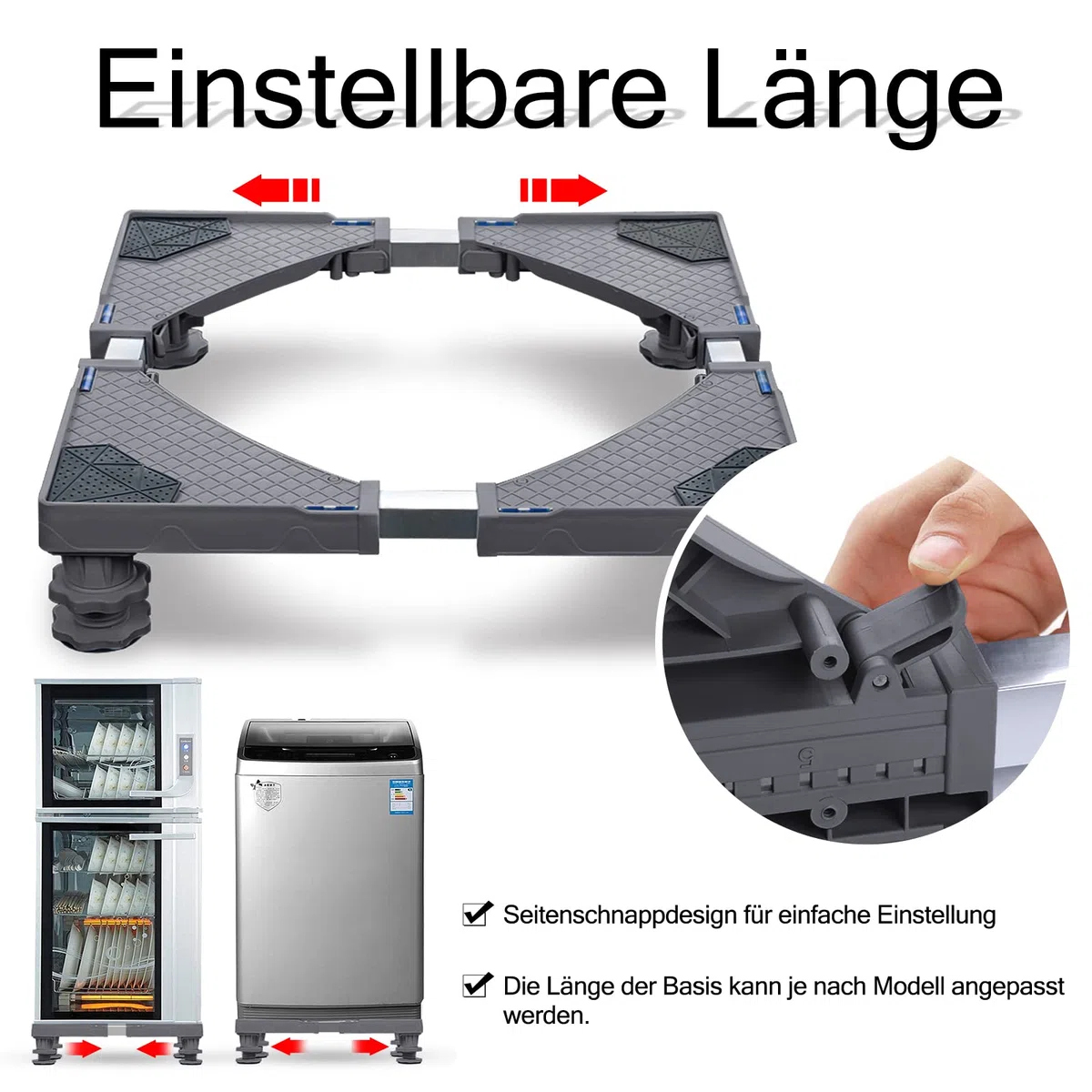 Verstellbare Waschmaschinen-Untergestell Waschmaschinen Sockel Podeste & Rahmen für Trockner Waschmaschinen Kühlschrank 200KG Grau 4 Füße (Einstellbare Breite 45-75cm, Höhe 10-13 cm)