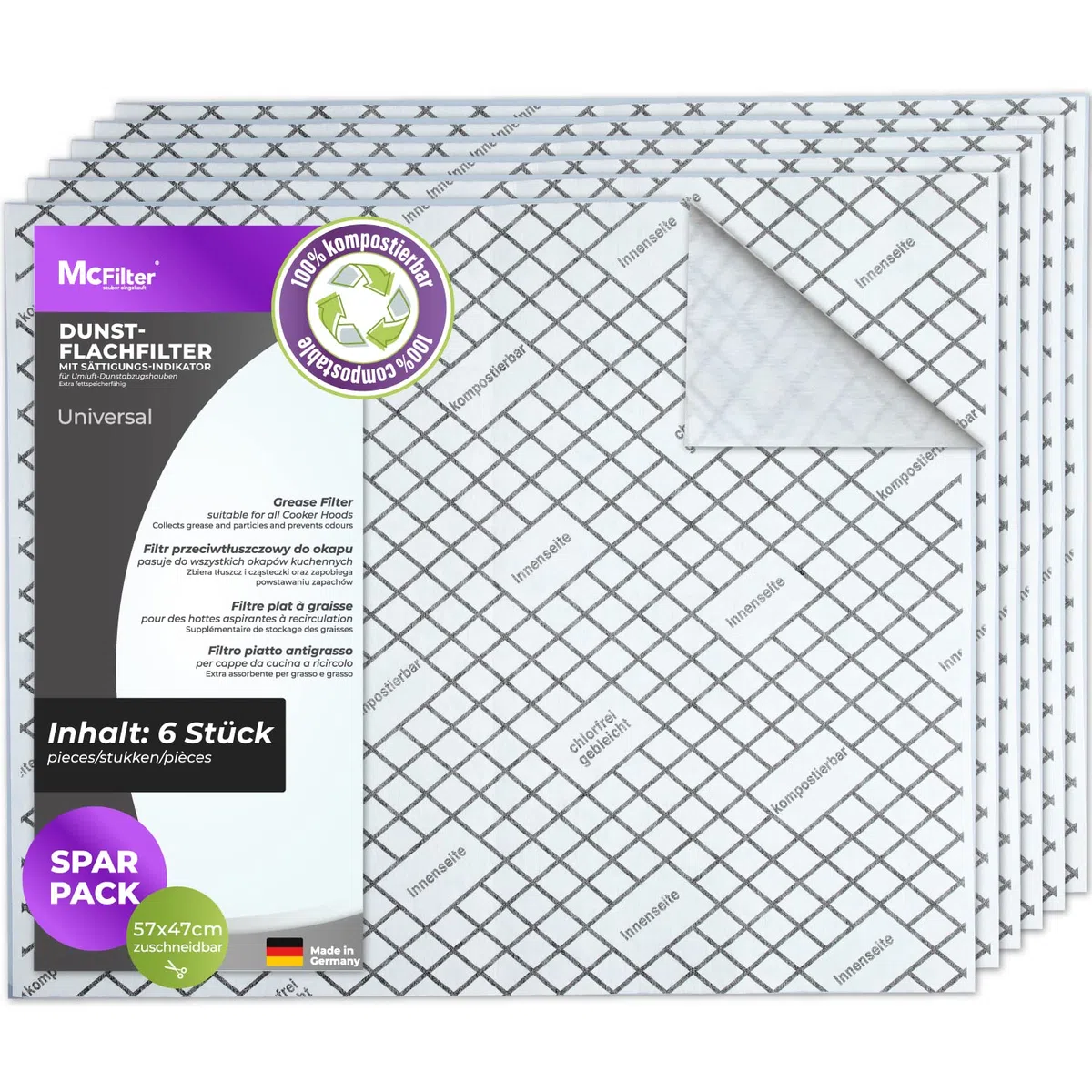McFilter I 6 Flachfilter kompostierbar mit Sättigungs-Indikator für Dunstabzugshaube, zuschneidbar universal 57 x 47cm, Filter Abzugshaube Dunstabzug