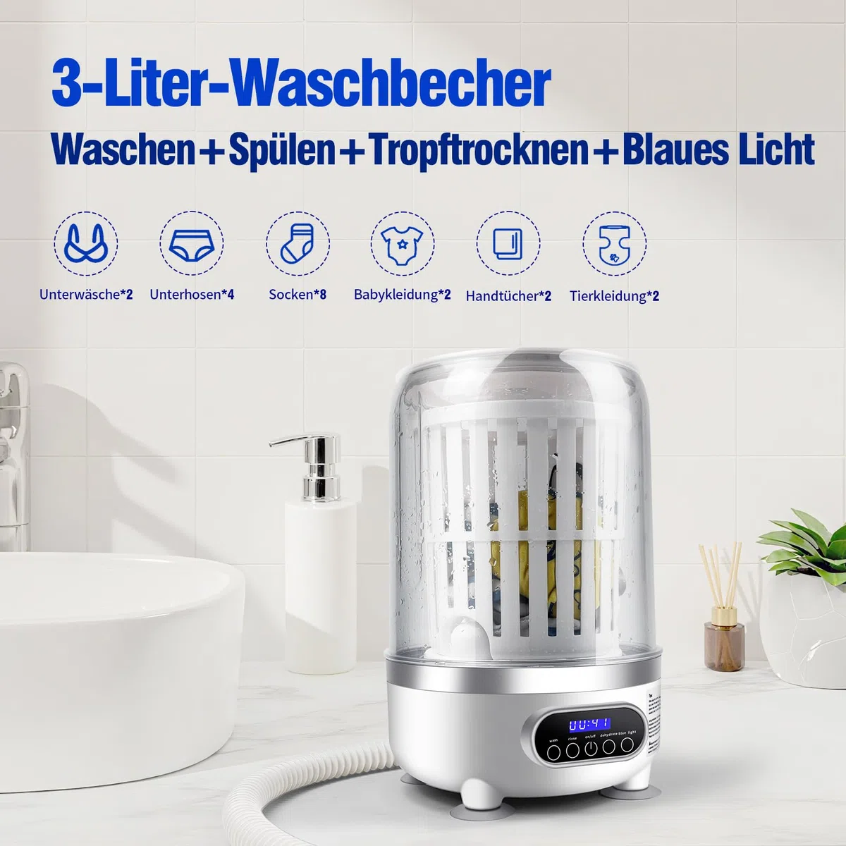 Waschmaschine und Trockner für Unterwäsche | 3L wiederaufladbare tragbare Mini-Waschmaschine mit blauem Licht | Tiefenreinigung für Socken und kleine Kleidungsstücke (HP909-Weiß-3L)