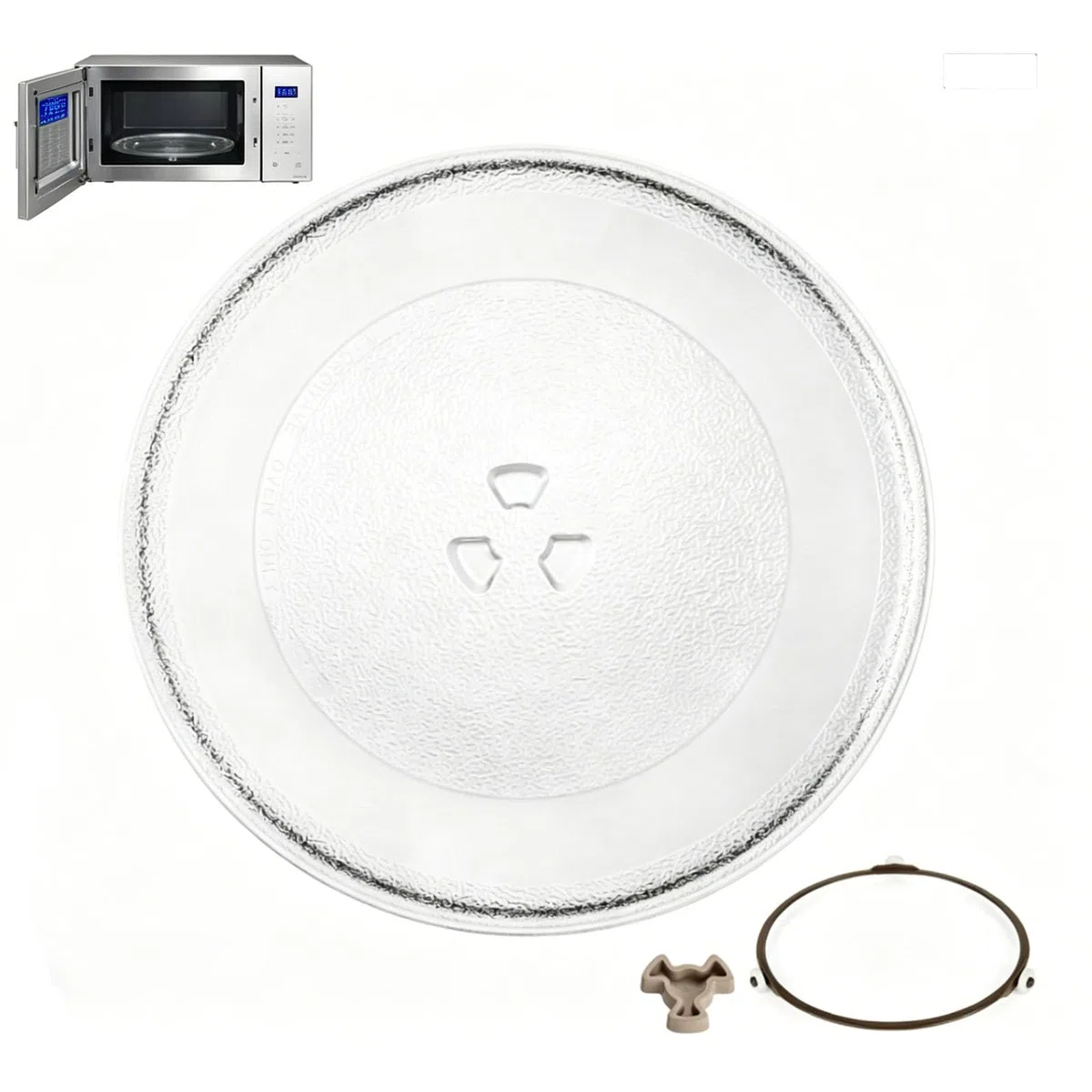 Universal Mikrowellenteller 24,5 cm Drehteller Mikrowelle mit 3 Noppen, 1 Mikrowelle Drehring und 1 Mikrowellen Drehbarer Teller Koppler Glasteller für Mikrowellen, Küche, Esszimmer
