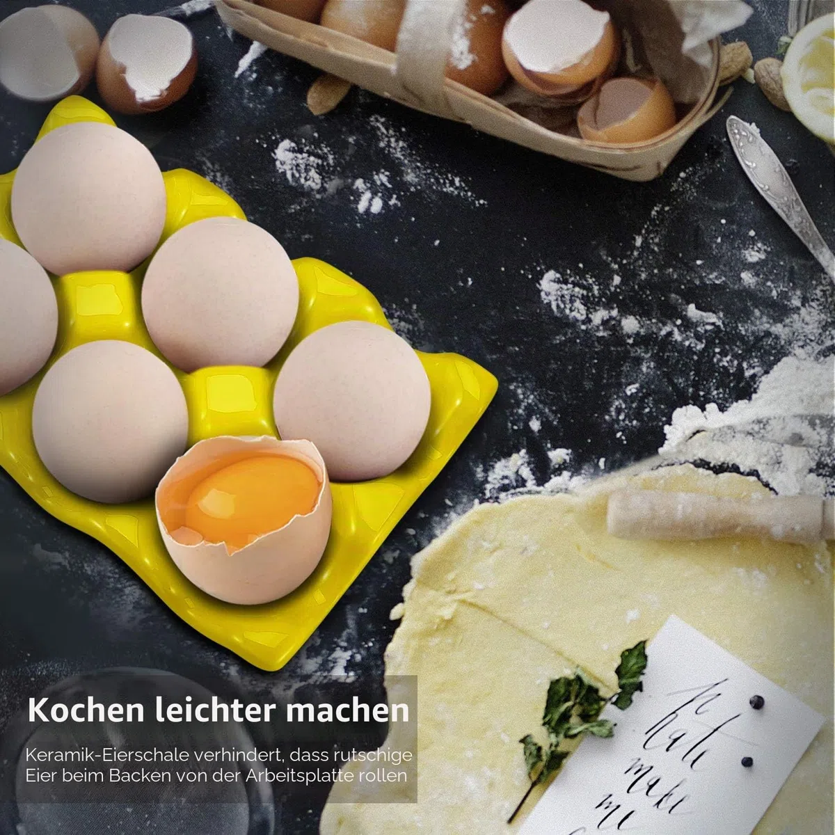 Flexzion 6 Eier Keramik Eierhalter, 6er Porzellan Eierablage Aufbewahrungsbox, Rutschfester Eierteller Eierplatte Eierbehälter Eierträger Eierbox für Zuhause Küche Kühlschrank Restaurant - Gelb