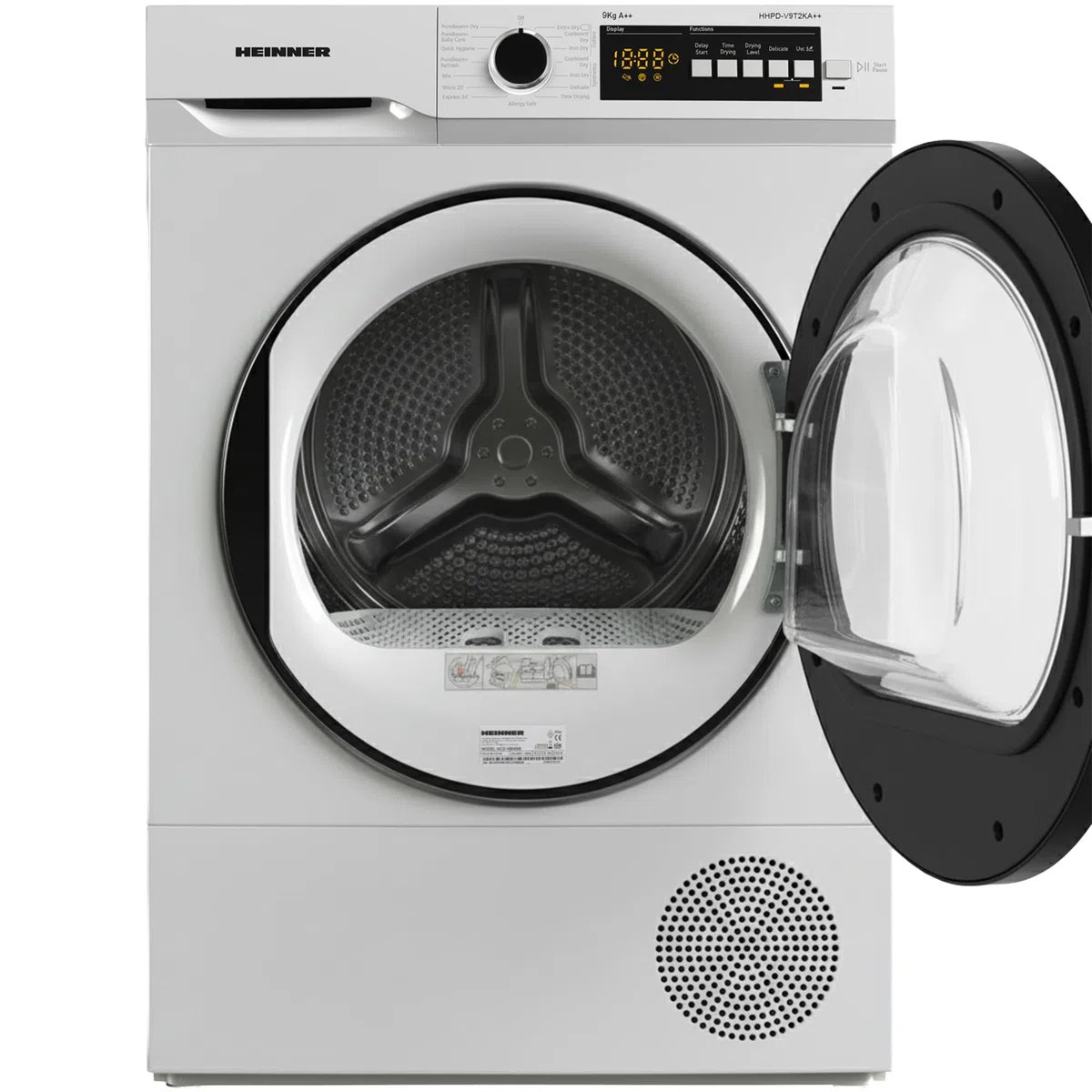 HHPD-V9T2KA++ Wärmepumpentrockner – 9 kg Nutzlast, 15 Programme, Energieklasse E, LED-Anzeige, Wendetür, Kindersicherung, Weiß – 5 Jahre Garantie (9 KG)