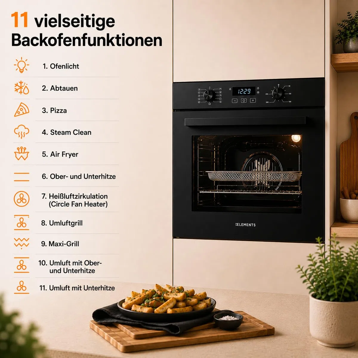 Autarkes Herdset | 60cm Einbaubackofen | 59cm Induktionskochfeld 7200 Watt | Unterbauhaube 60 cm | 2 Flexzonen | Timer | Kindersicherung | Grill | Heißluft | AQUA CLEAN