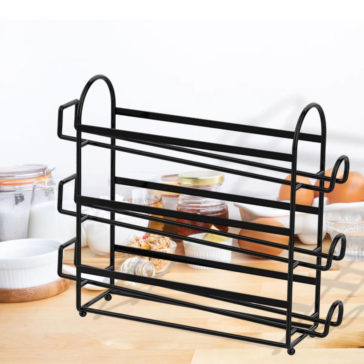 Eierablage aus 3-lagigem Metalldraht, mit Rädern, kreativer Refrirator für Küche, Cabi und Speisekammern, ideal zum Einstecken von Eiern und kleinen Gegenständen, Schwarz
