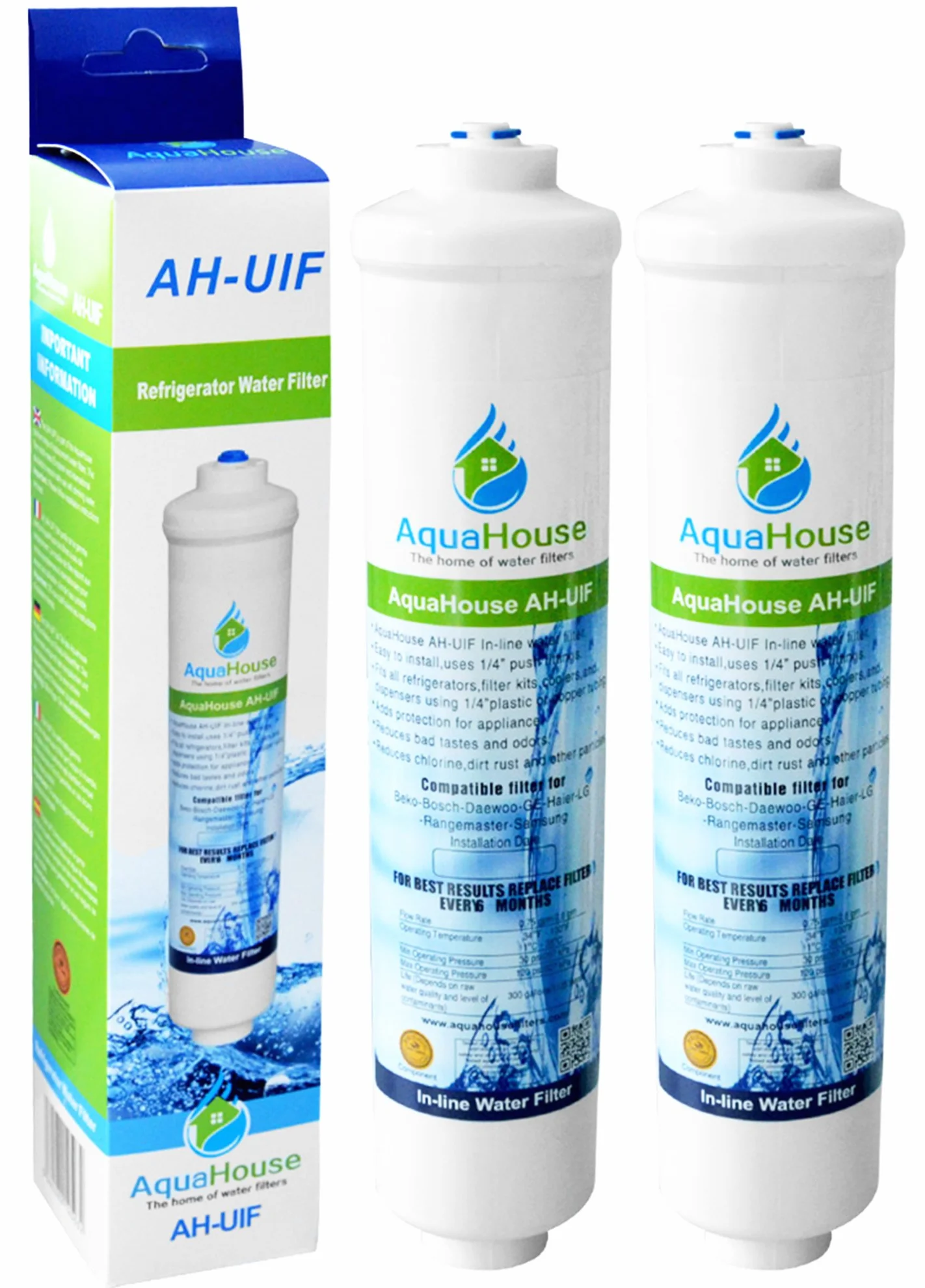 2x AquaHouse AH-UIF Kompatibel Externer Kühlschrank Wasserfilter passt für Samsung DA29-10105J LG 5231JA2010B Haier 0060823485A (ersetzt nur externe Filter)