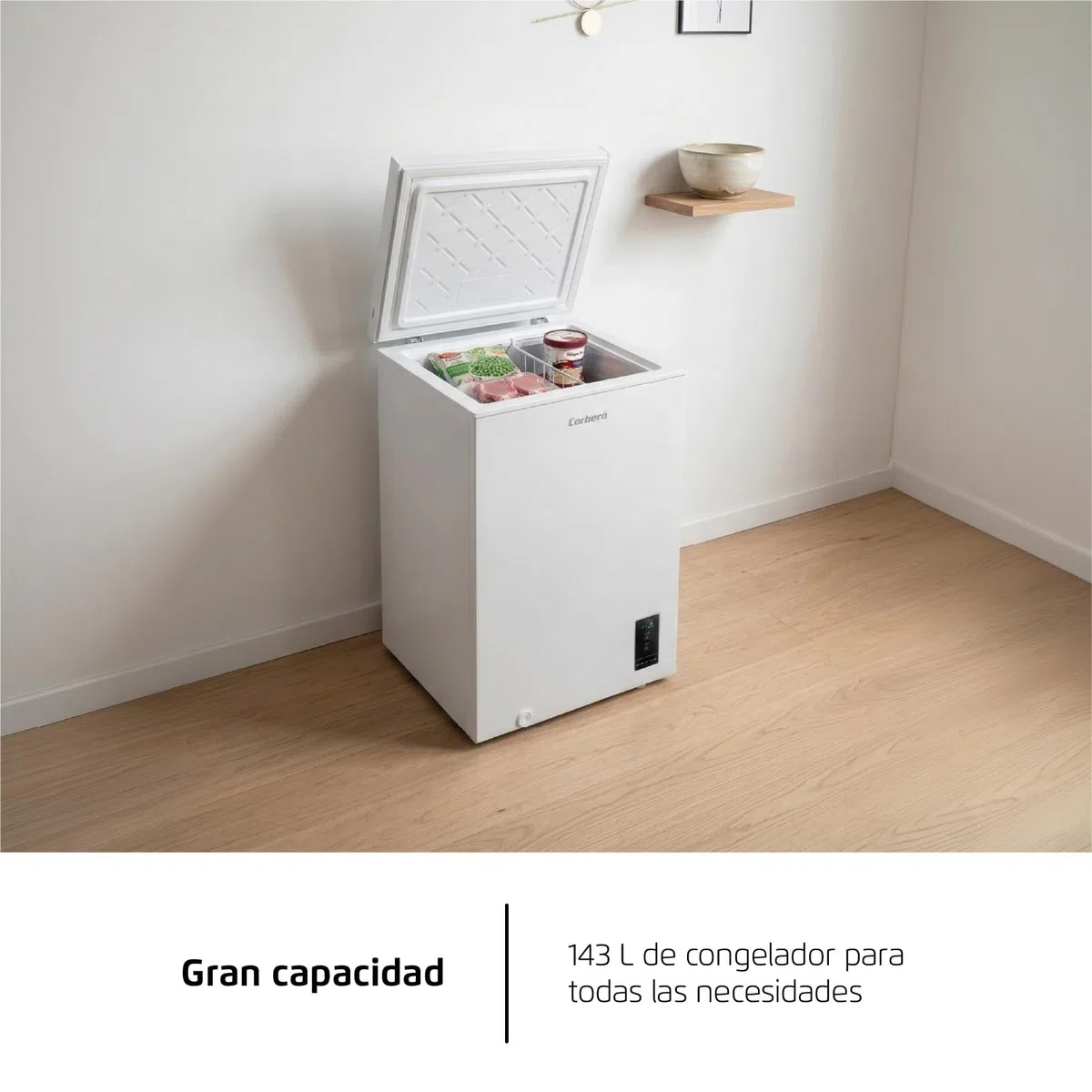 Corberó CCHM1506M Gefriertruhe, statisch, 143 l, 85 cm, 37 dB, 1 flexibler Korb, Dual- und Super-Gefriersystem, Weiß