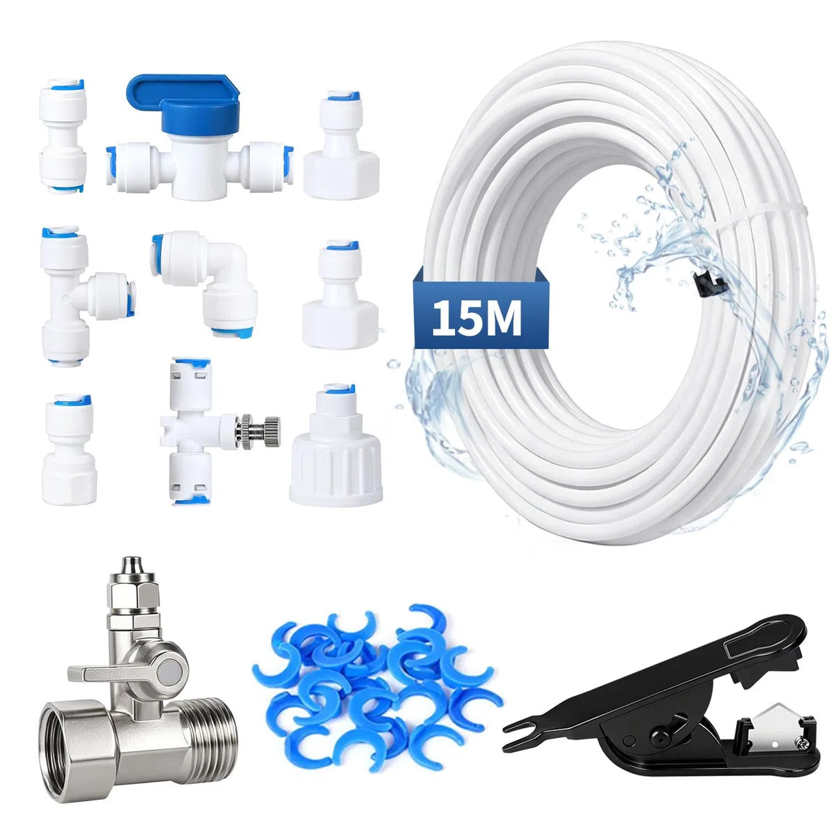 EFUTURETIME 15m Wasserzulaufleitung Universal Anschluss-Set für Kühlschrank Side By Side, 10pcs RO Water Filter Fitting mit Schlauchcutter, 1/4" Osmose Schlauch Kühlschrankschlauchm Wasserschlauch