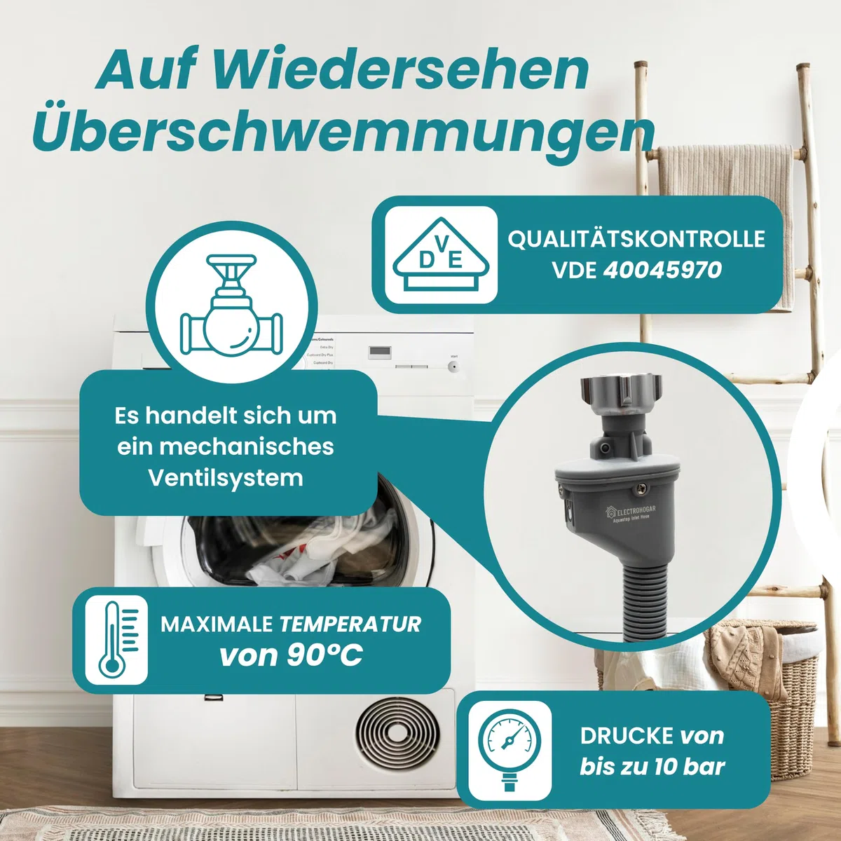 Aquastop Schlauch Waschmaschine und Spülmaschine, 1,5M | VDE Geprüfte - Deutsches Zertifikat | Zulaufschlauch Wasserstop Waschmaschine Und Geschirrspüler, PVC Material, 3/4 Zoll Anschluss